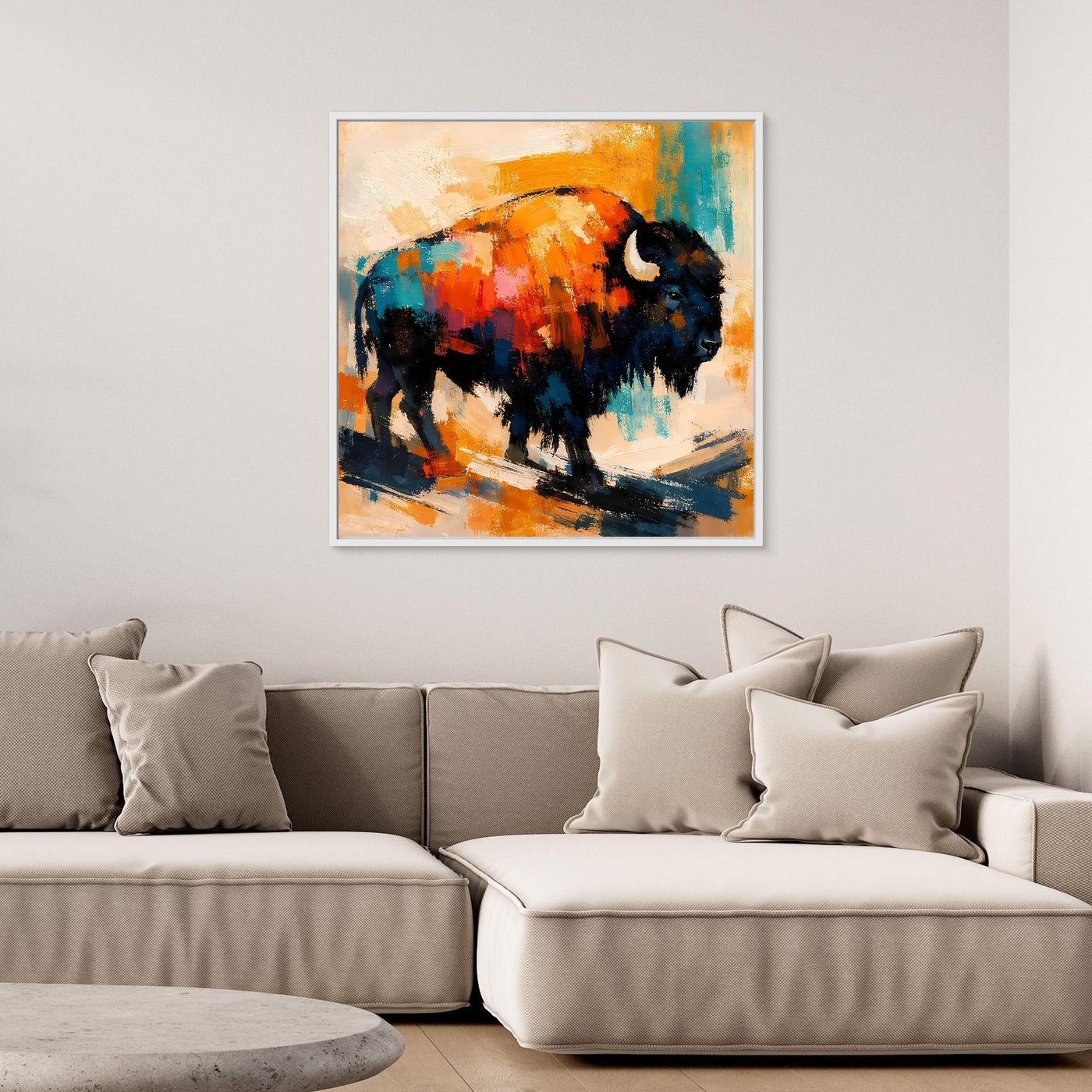 Abstract bison wall art with orange, teal, and black brushwork and white frame