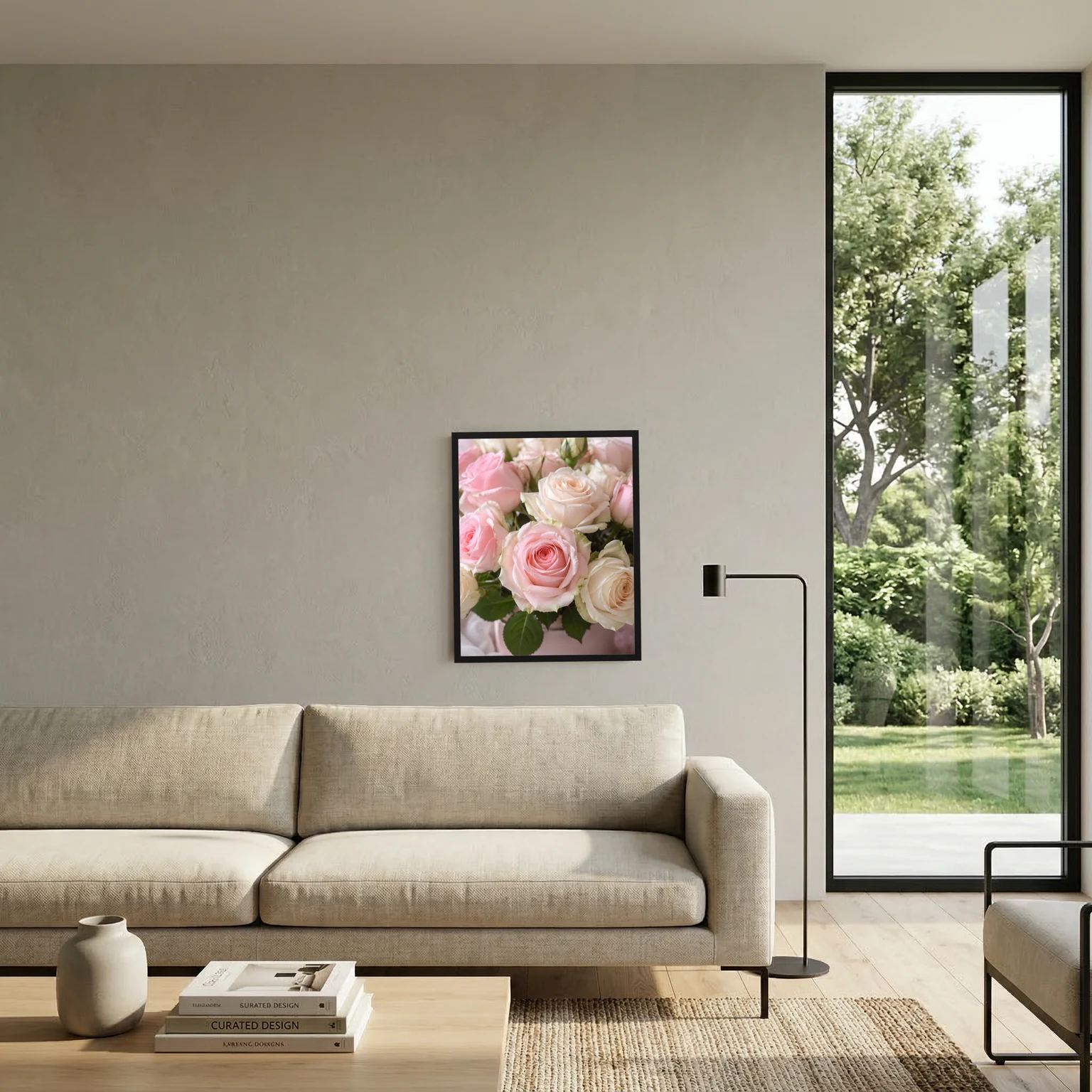 Rosenposter im schwarzen Rahmen mit rosa und weißen Rosenblüten
