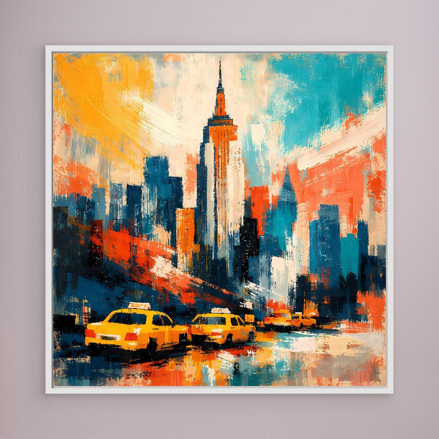 Abstraktes Leinwand-Wandbild mit Skyline und gelben Taxis, weiß gerahmt