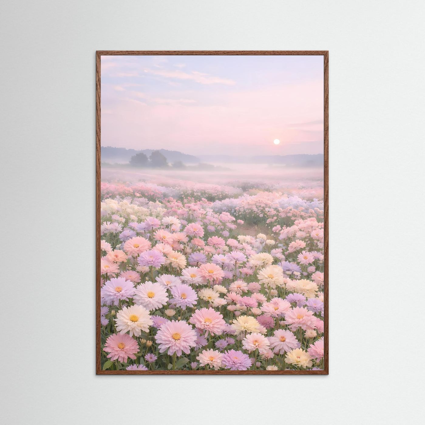 Florales Poster mit Blumenmeer bei Sonnenaufgang, brauner Holzrahmen, hochformat