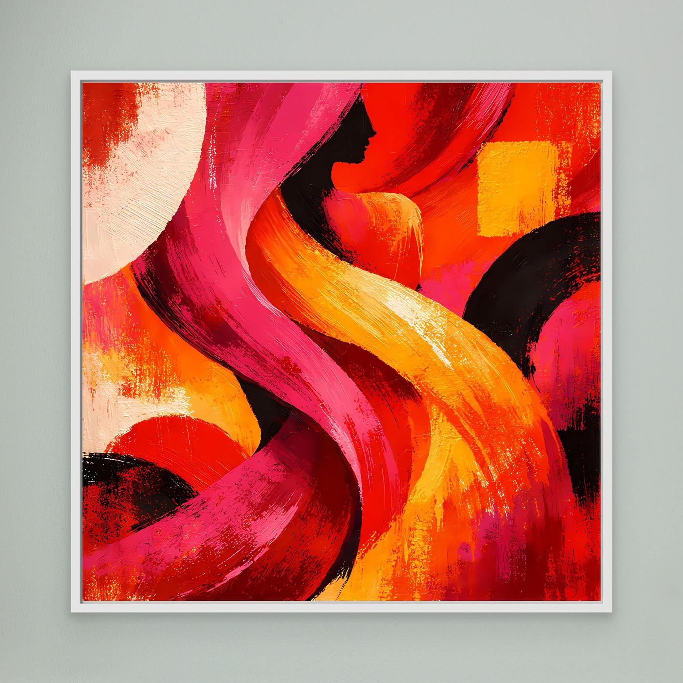 Leinwandbild mit abstrakter Frauensilhouette, geschwungenen Pinselstrichen in Rot und Orange, weiß gerahmt.