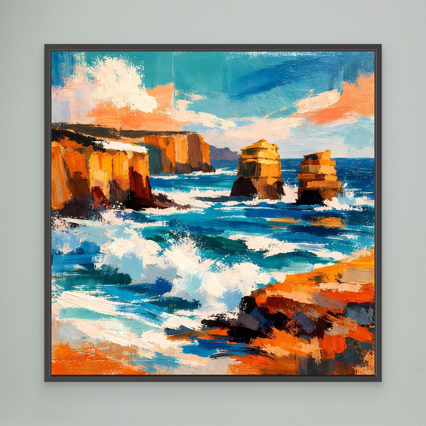Wandbild mit abstraktem Küstenmotiv: türkisblaues Meer, orange Felsen, schwarzer Rahmen