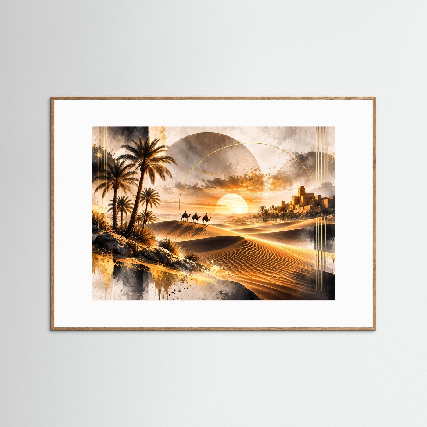 Querformat-Poster mit Wüstenlandschaft, Palmen, Karawane und Oase im goldenen Sonnenuntergang