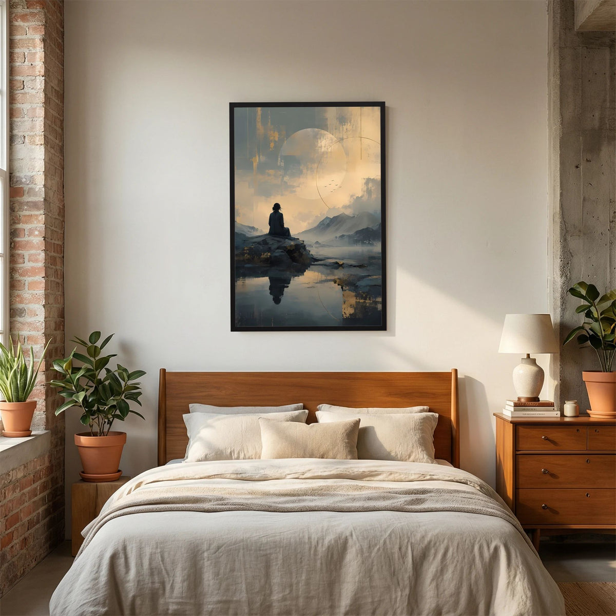 Gerahmtes Poster im Hochformat mit Holzrahmen; abstrakte Berglandschaft mit sitzender Figur.