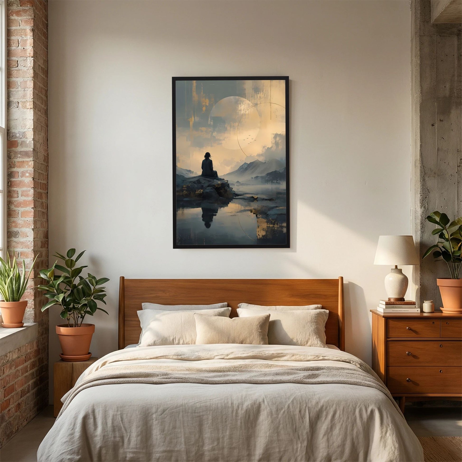 Gerahmtes Poster im Hochformat mit Holzrahmen; abstrakte Berglandschaft mit sitzender Figur.