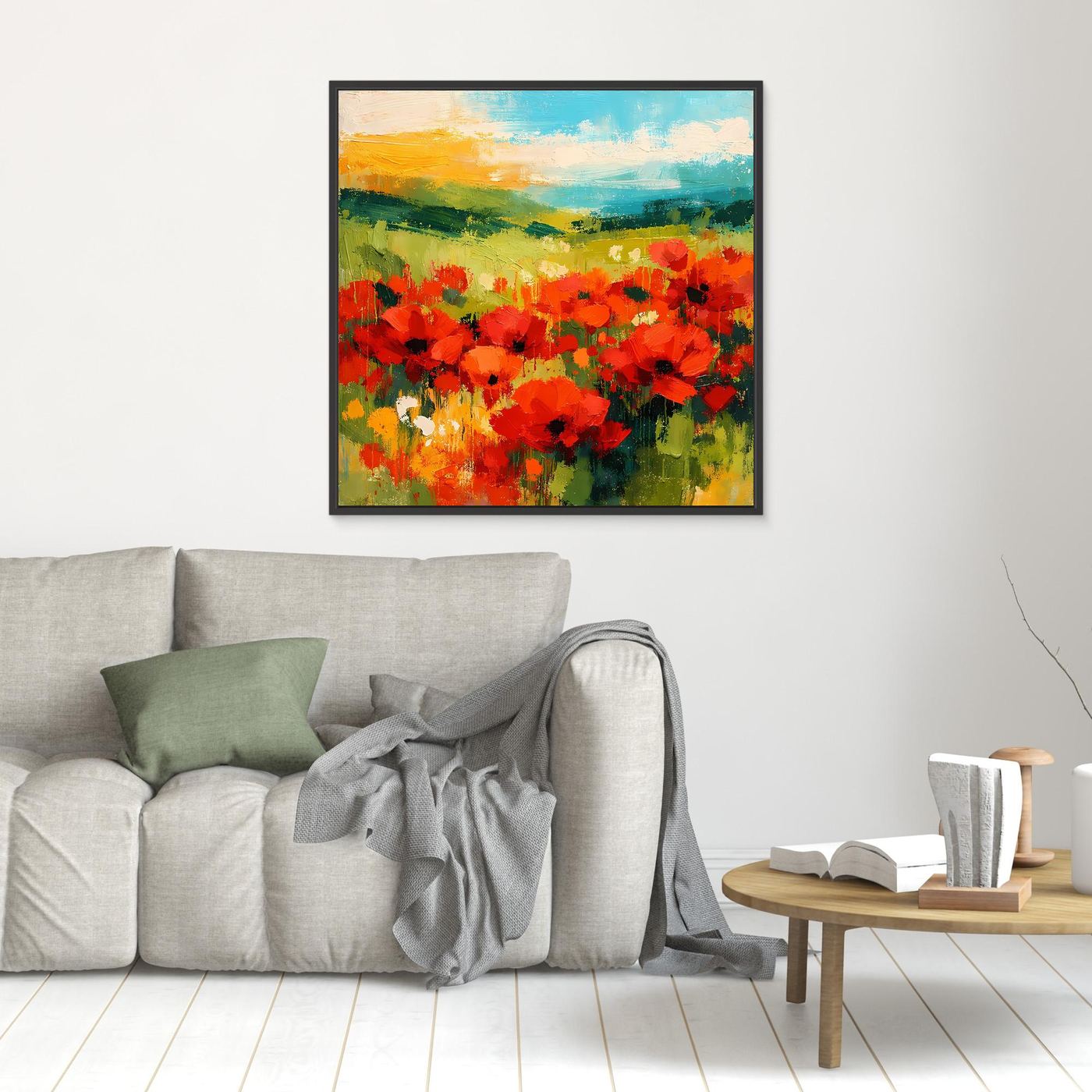Abstract landscape wall art with red poppies and green fields; small black frame
