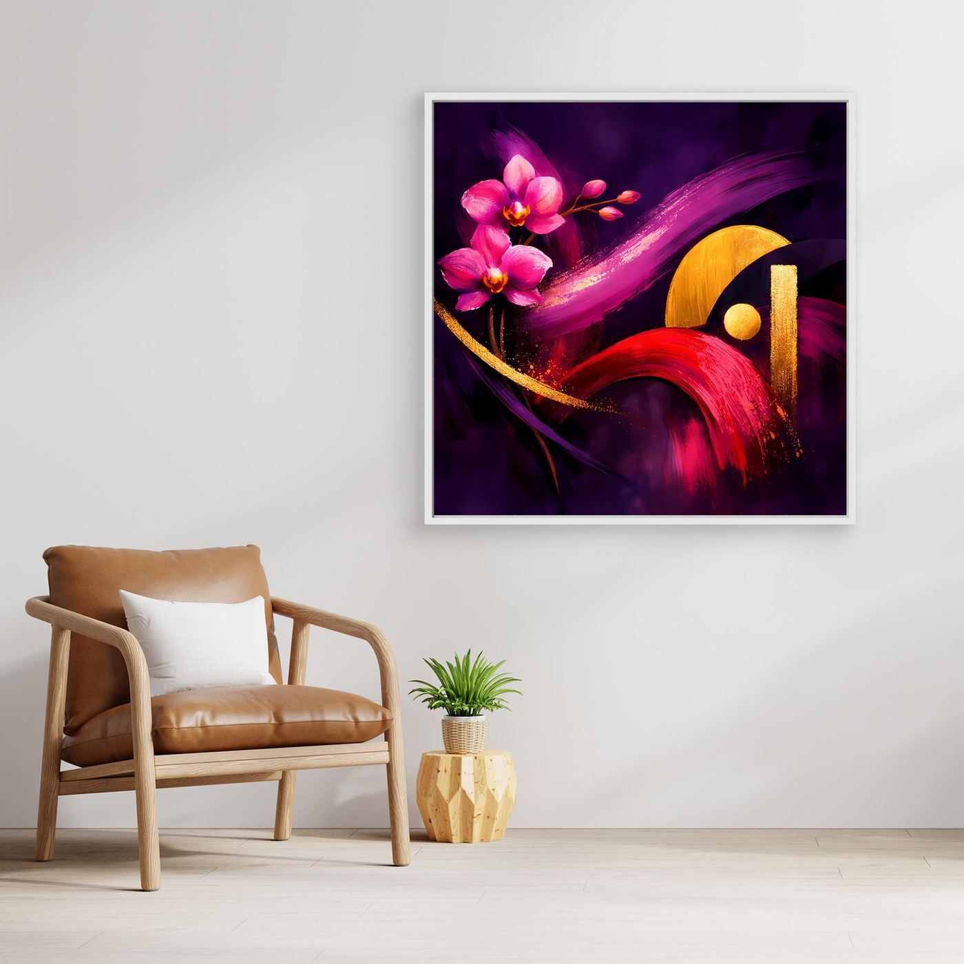 Leinwandbild mit Orchideenblüten in Pink, rotem Akzent und goldenen Formen, weißer Rahmen