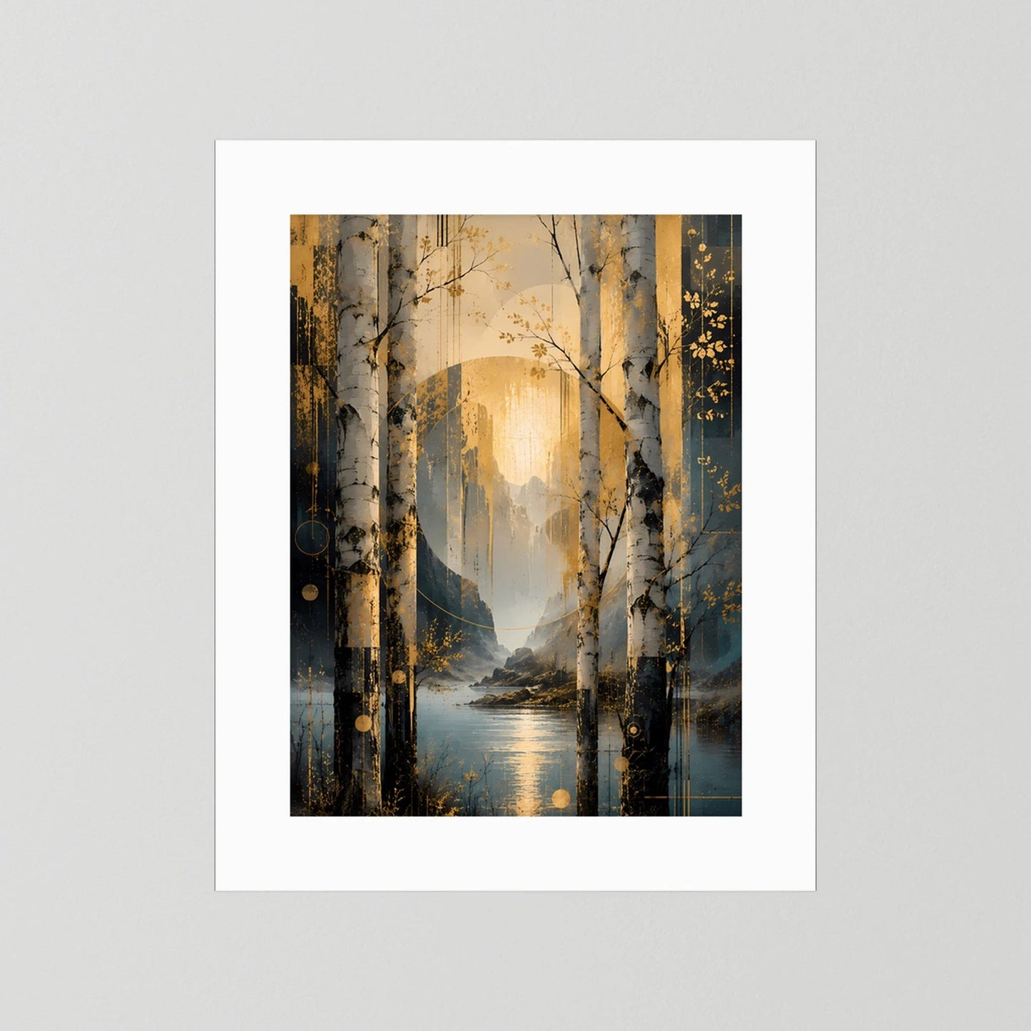 Poster im Hochformat mit Birken und See, goldene Lichtakzente, petrolfarbener Hintergrund