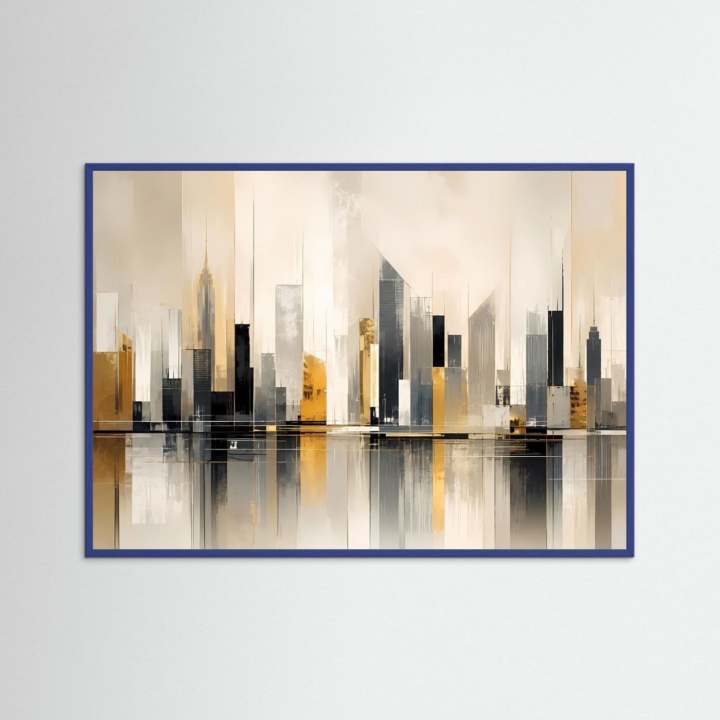Querformat-Poster Skyline abstrakt in Beige, Schwarz und Gold, mit blauem Rahmen