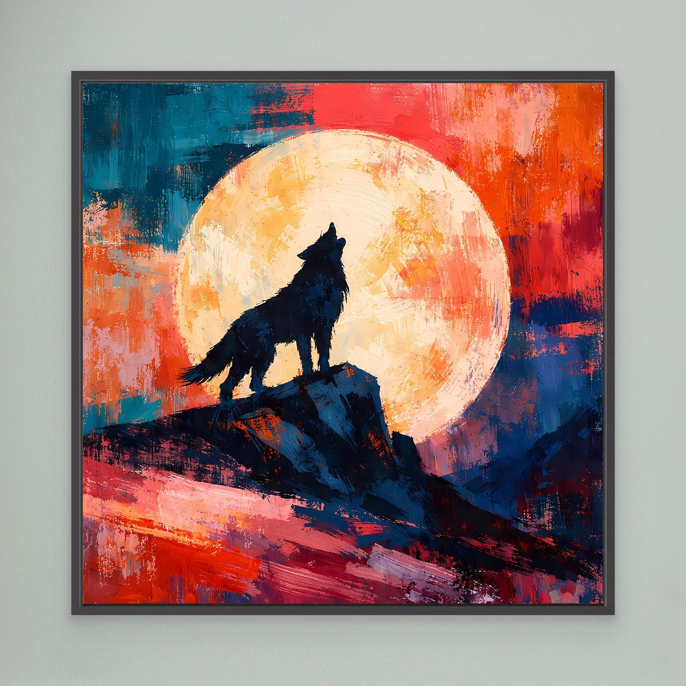 Leinwand Abstraktes Wolf Gemälde | Modernes Mystisches Wandbild Heulender Wolf Vollmond