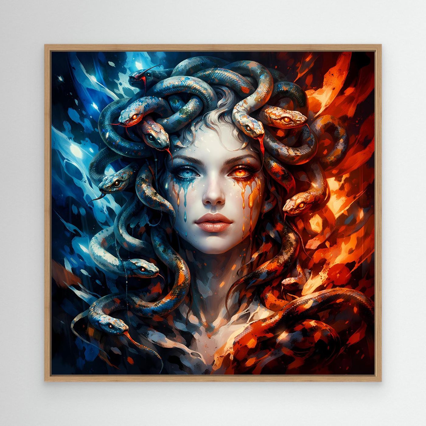 Leinwand Mystische Medusa im Feuer- und Eis-Kontrast | Modernes Fantasy Wandbild