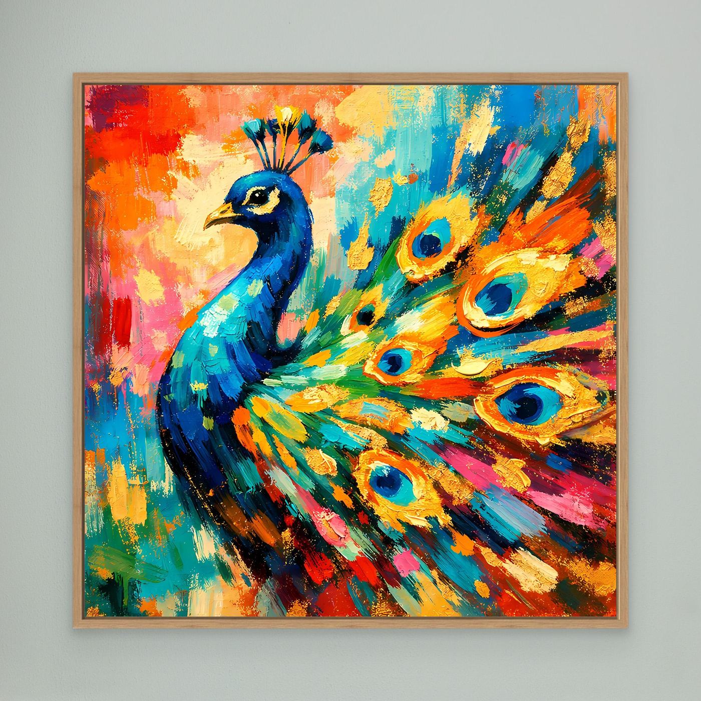 Leinwandbild mit abstraktem Pfau, bunte Pinselstriche, Rahmen in hellem Holz