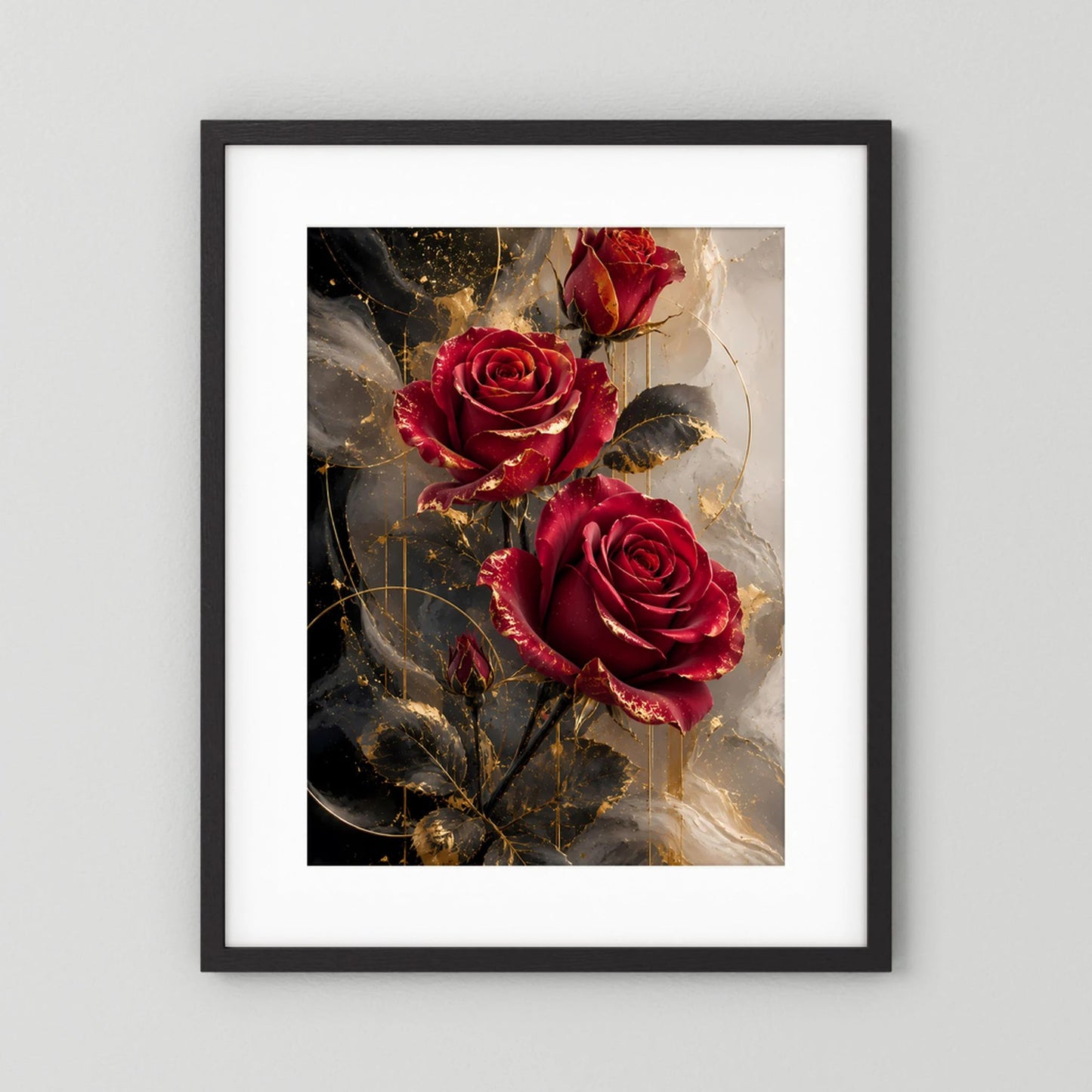 Hochformat-Poster mit rubinroten Rosen, goldenen Akzenten und dunklem Blattwerk im schwarzen Rahmen