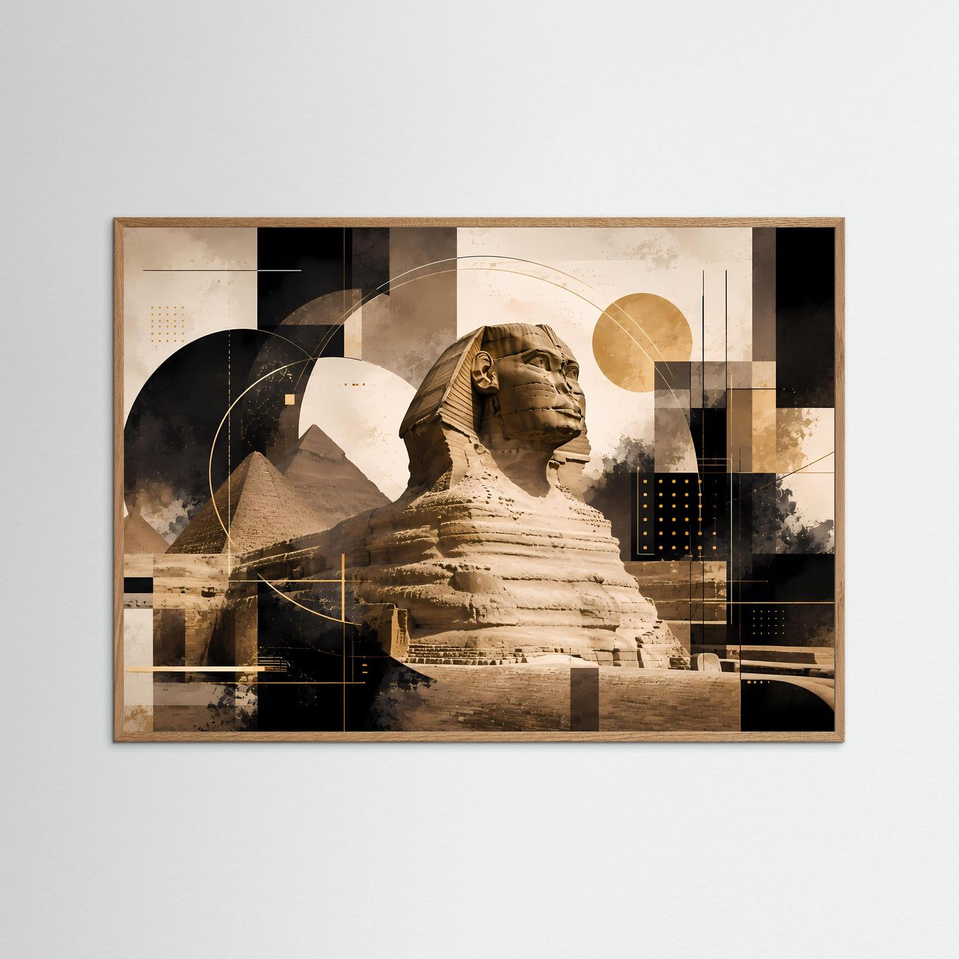 Querformat-Poster mit Sphinx und Pyramiden im rötlich-braunen Holzrahmen
