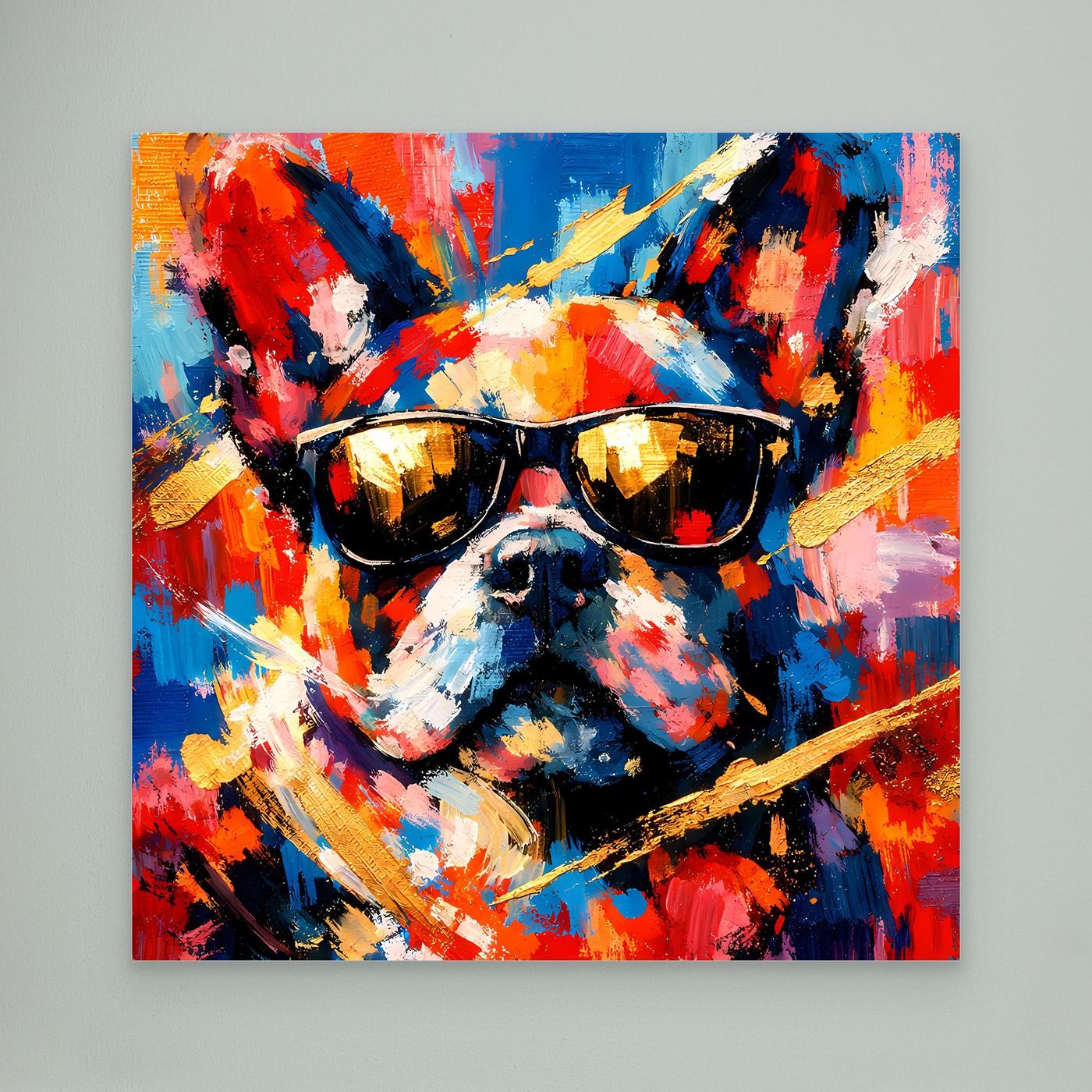 Abstraktes Leinwandbild: Französische Bulldogge mit Sonnenbrille, blau-rote Farbflächen