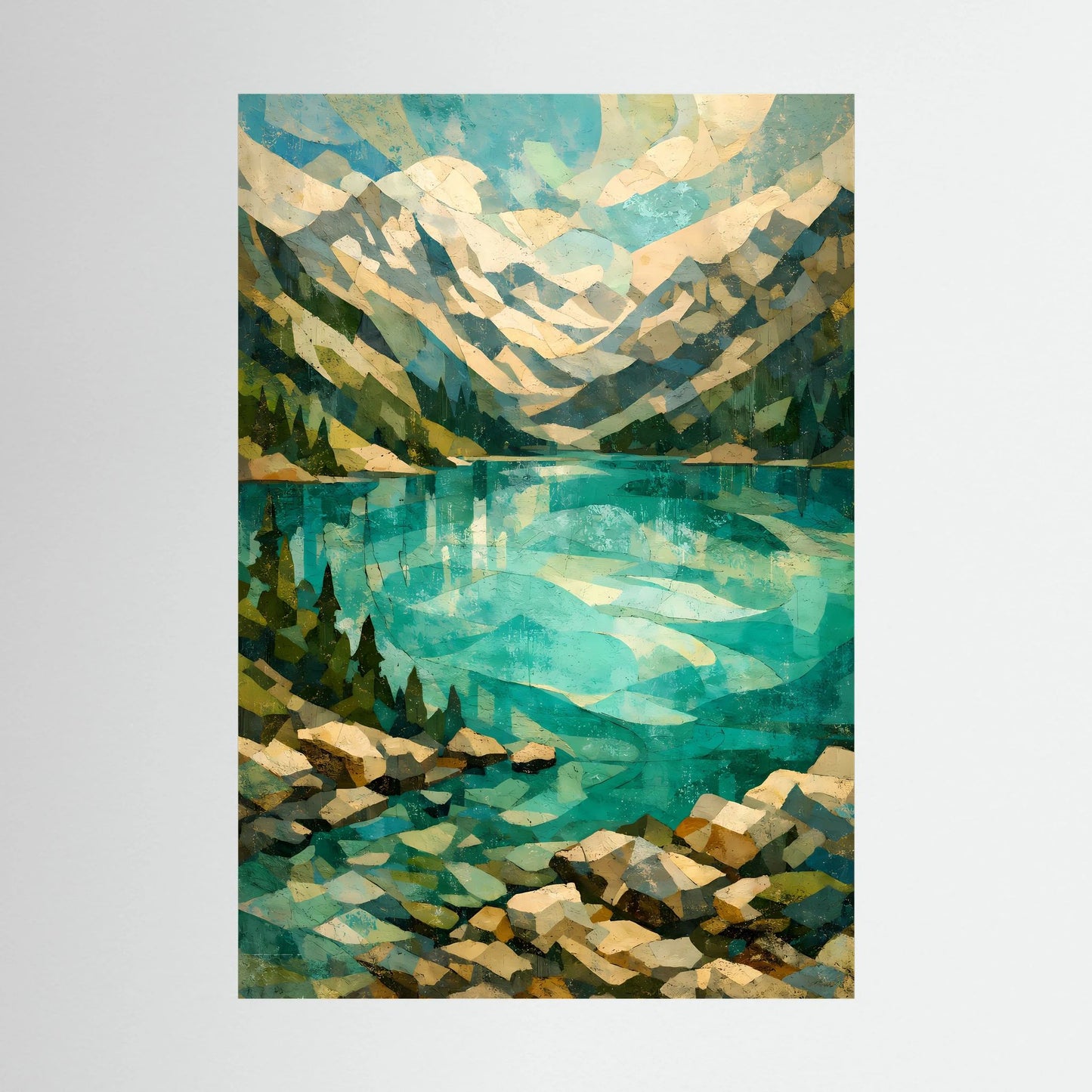 Kunstposter im Hochformat: abstrakte Alpenlandschaft in Türkis und Grün mit Spiegelung