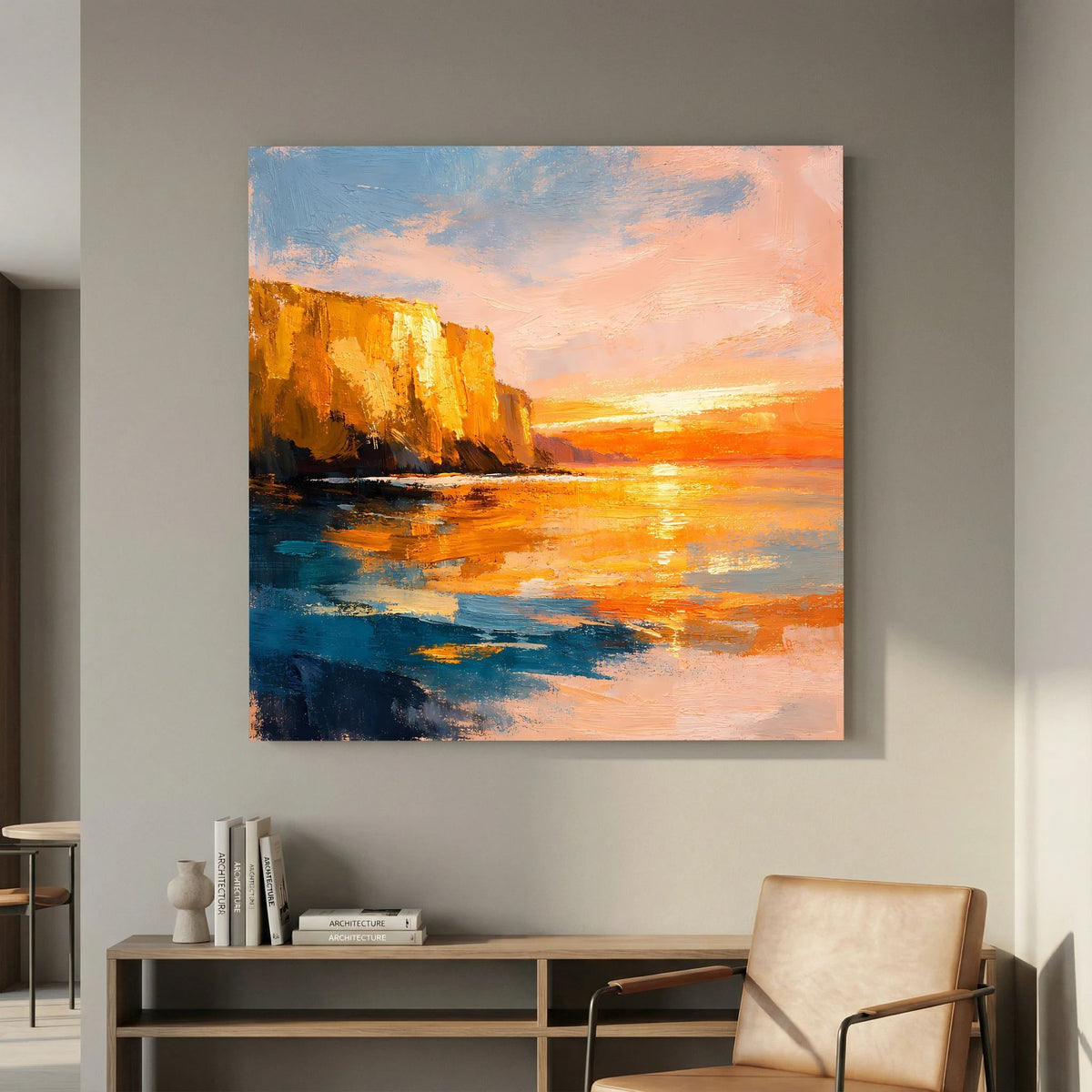 Abstraktes Küstenmotiv auf Leinwand: orangefarbene Sonne am Horizont, blaues Meer, Felsen