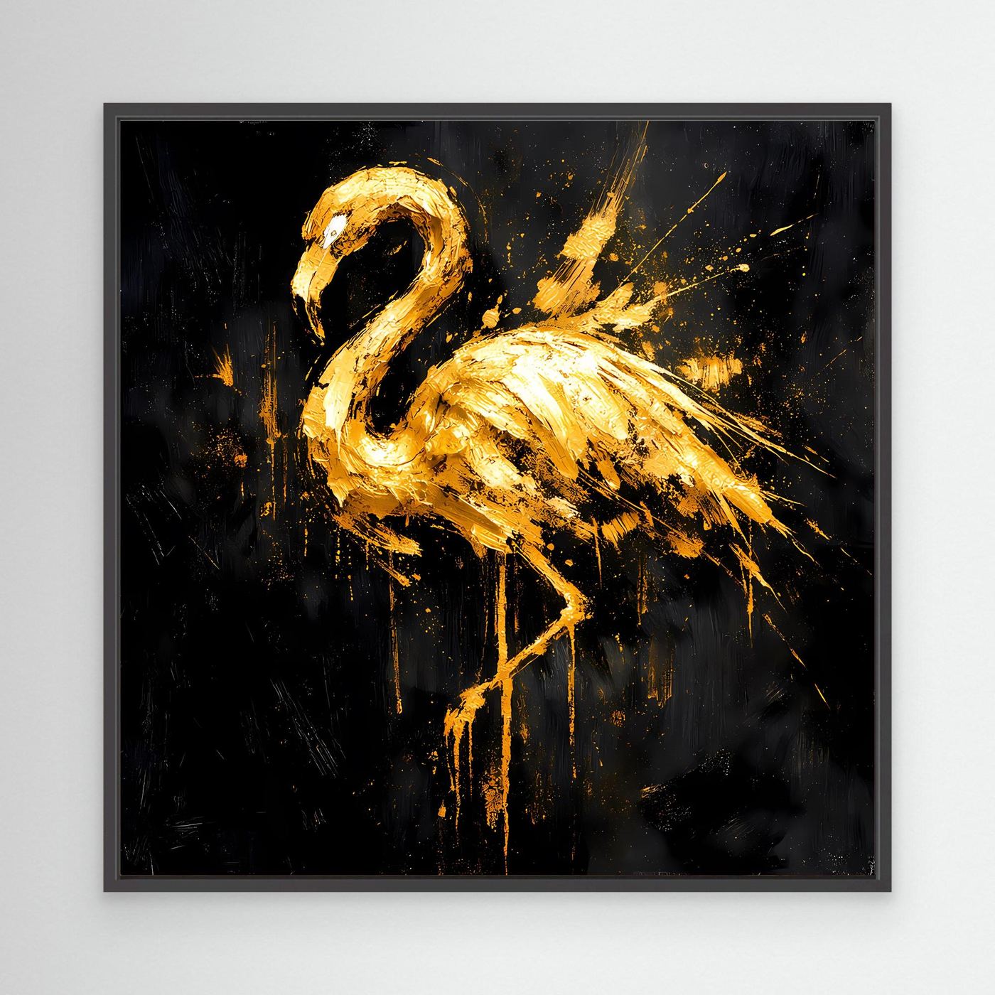 Leinwand Goldener Flamingo auf Schwarz | Abstraktes Modernes Tier Wandbild Kunst