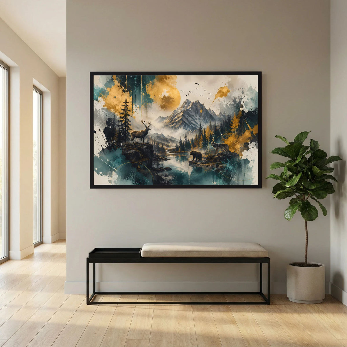Wildtiere in majestätischer Berglandschaft | Hirsch Wolf und Bär | Poster Querformat