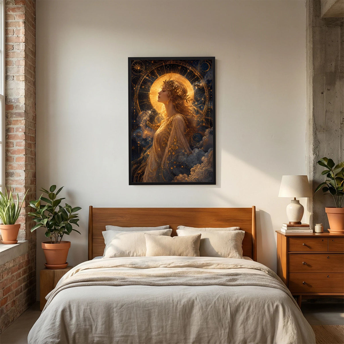 Poster im Hochformat mit goldener Frau im Profil, Sonne, Mond und Sternen, schwarzer Rahmen