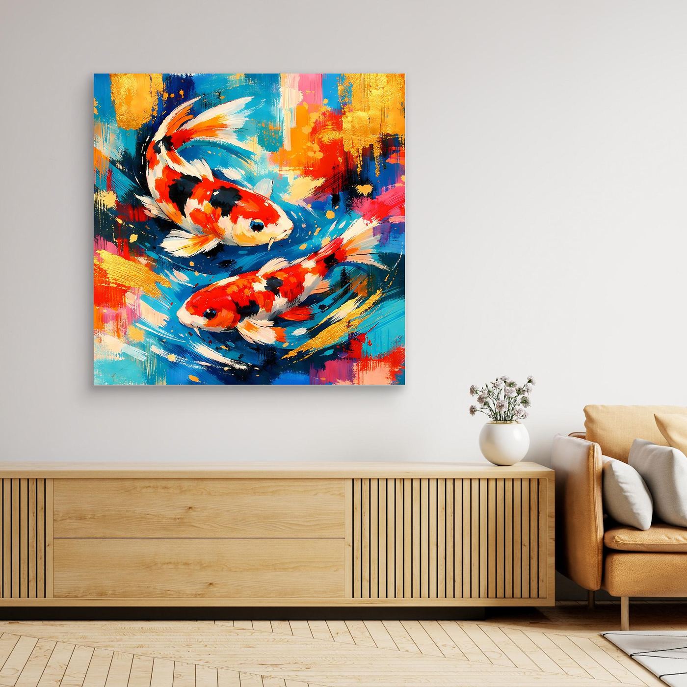 Abstraktes Leinwandbild mit Koi-Fischen, bunt, mit hellem Rahmen