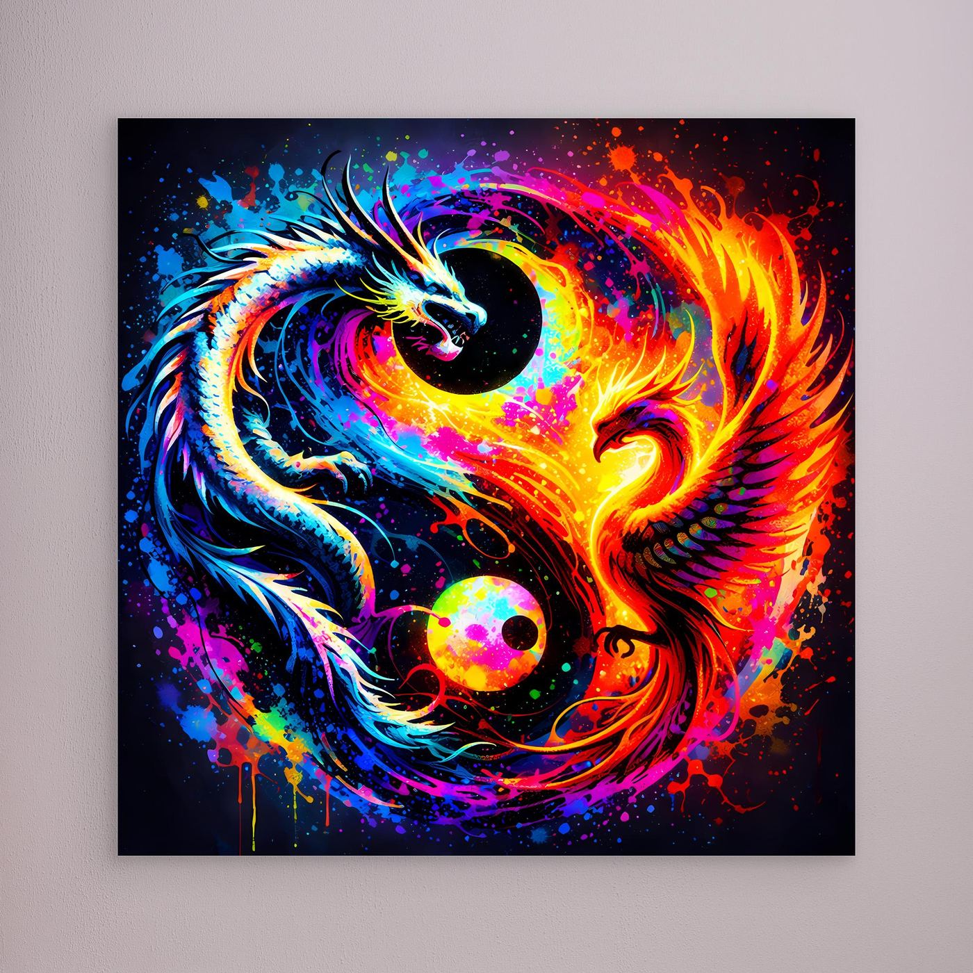 Unbeheftetes Leinwandbild mit Drachen- und Phönix-Motiv im Yin-Yang, ohne Rahmen