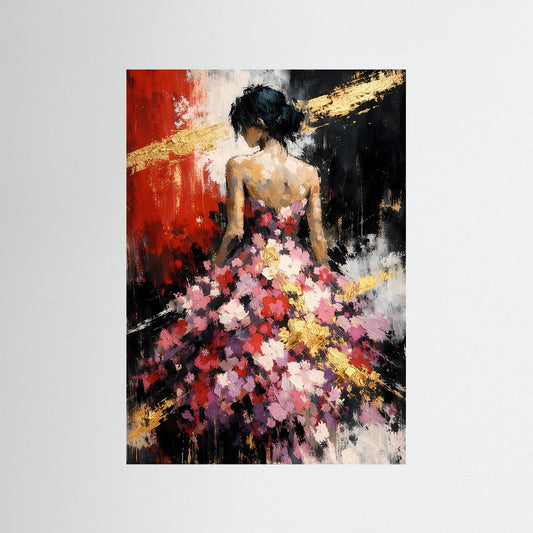 Kunstposter mit abstraktem Frauenportrait und Blütenmeer, rot-schwarz, hochkant