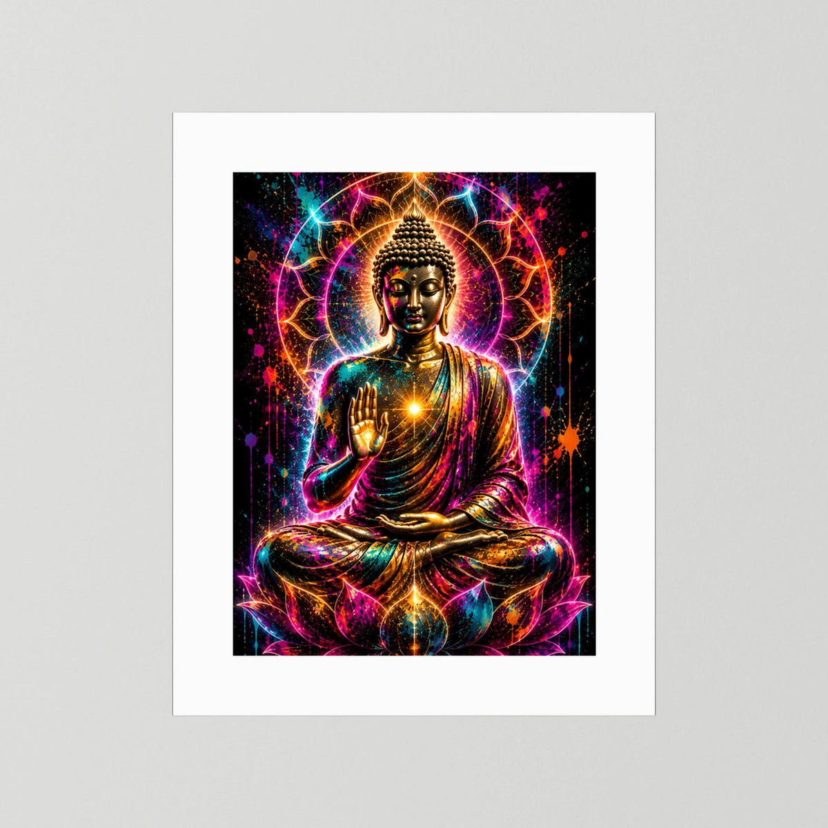 Hochformat-Poster mit Buddha im Lotussitz, farbige Neon-Illustration, weißer Rand ohne Rahmen