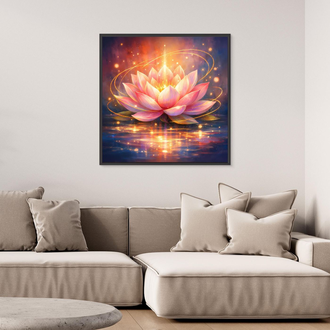 Leinwandbild Leuchtende Lotusblüte mit schwarzem Rahmen, goldene Lichtlinien
