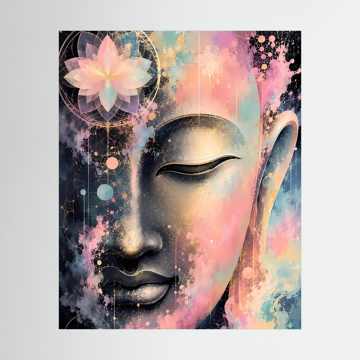 Abstraktes Buddha-Kunstposter im Hochformat: Gesicht in Pastell, Gold & Schwarz, mit schwarzem Rahmen