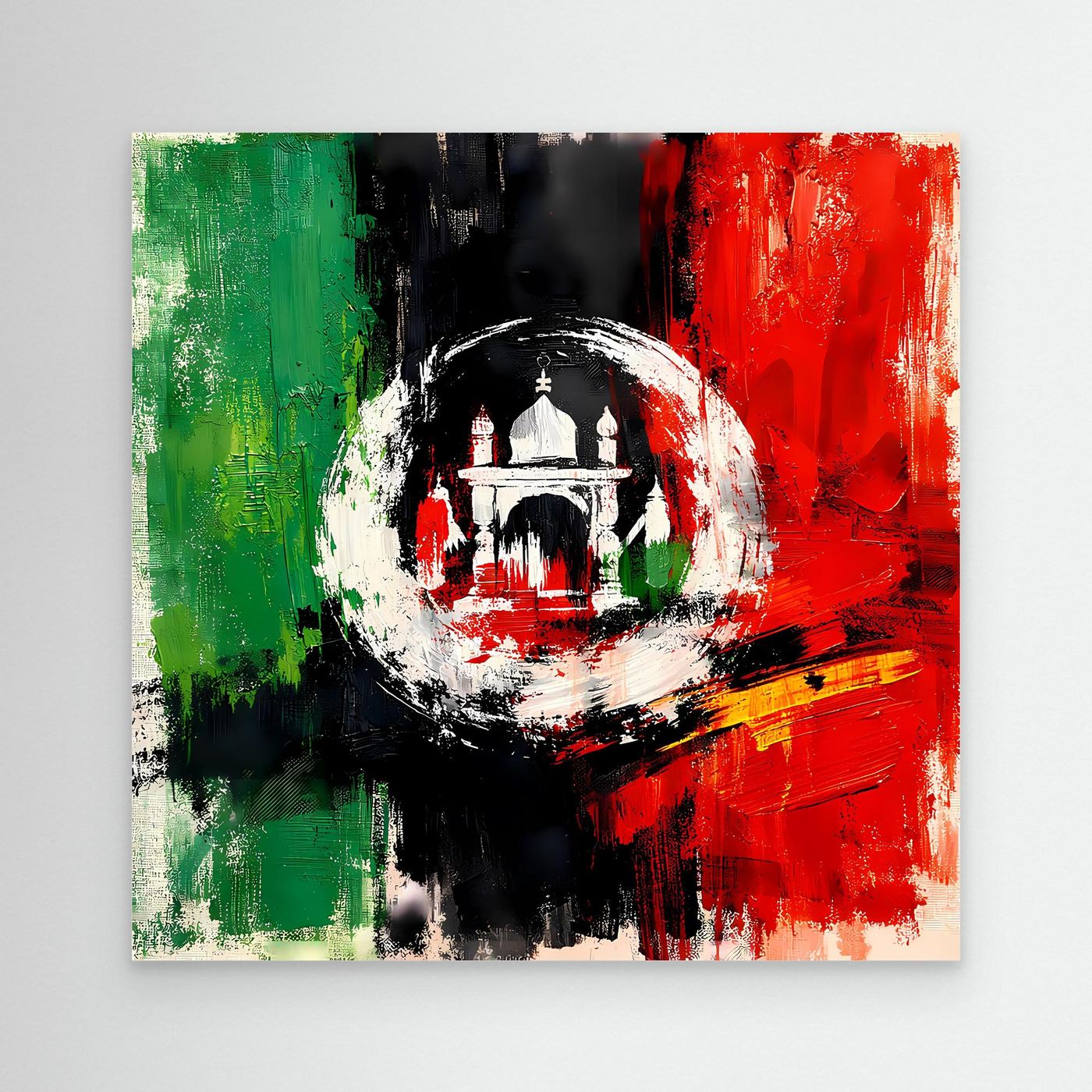 Abstract Afghanistan flag canvas wall art, central white circle with building silhouette