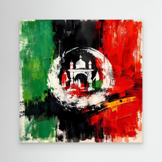 Abstract Afghanistan flag canvas wall art, central white circle with building silhouette