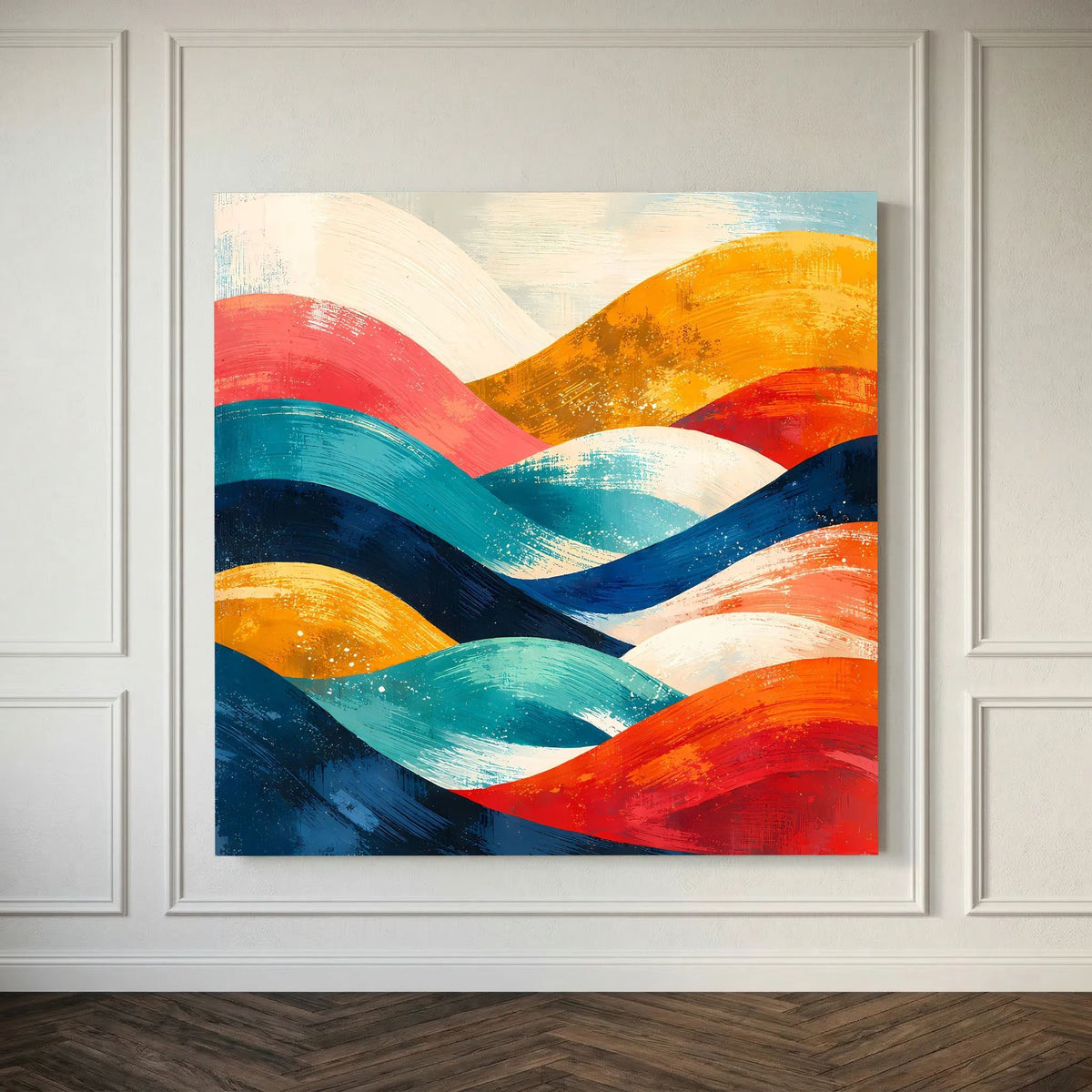 Abstraktes Wellenbild auf Holz-Keilrahmen mit weißen, blauen, roten und orangefarbenen Farbbändern.