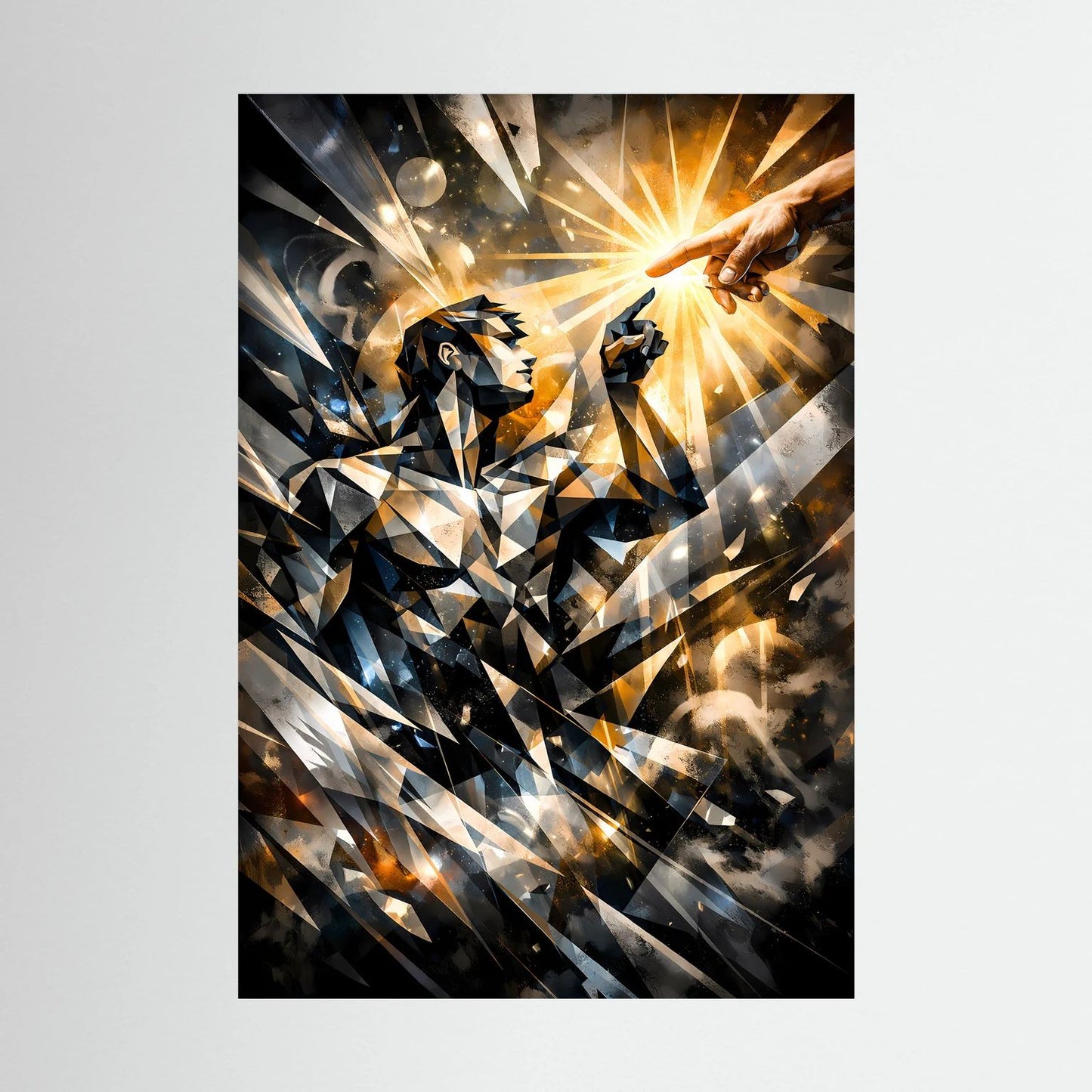 Abstraktes Poster „Göttliche Berührung“ mit goldener Lichtquelle und dunklen Formen