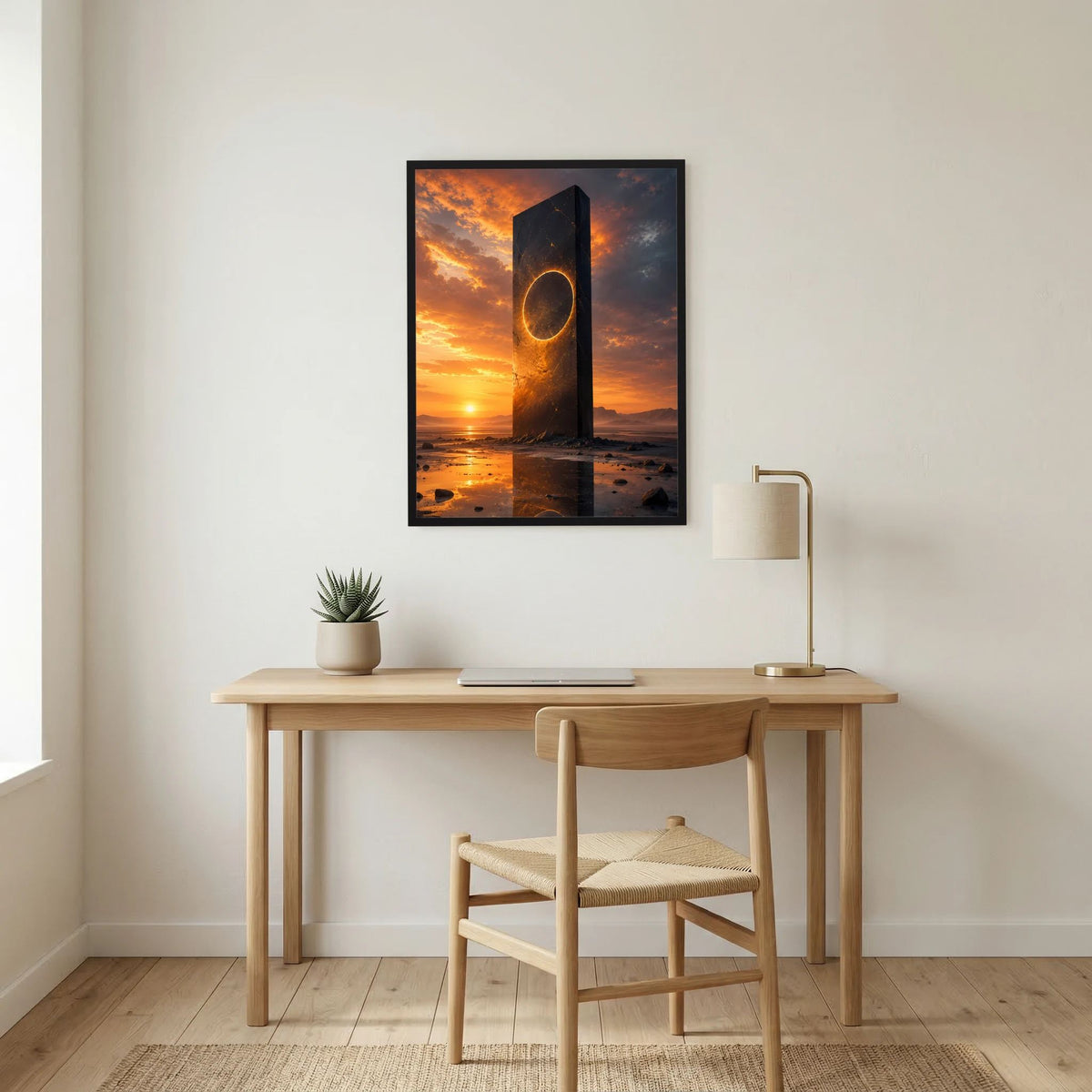 Hochformat-Poster an der Wand: schwarzer Monolith mit goldener Ringöffnung im Sonnenuntergang