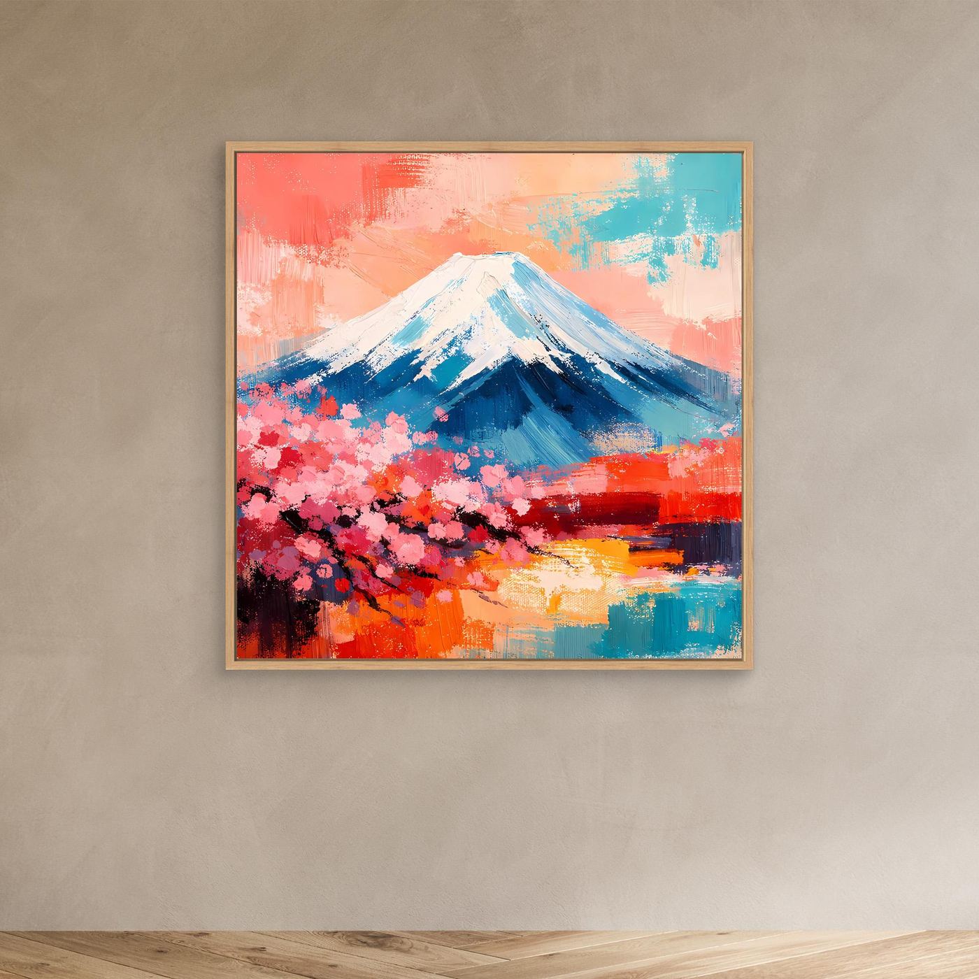 Leinwandbild mit Fuji und Kirschblüten, abstrakte Landschaft, blau-weißer Berg, brauner Rahmen