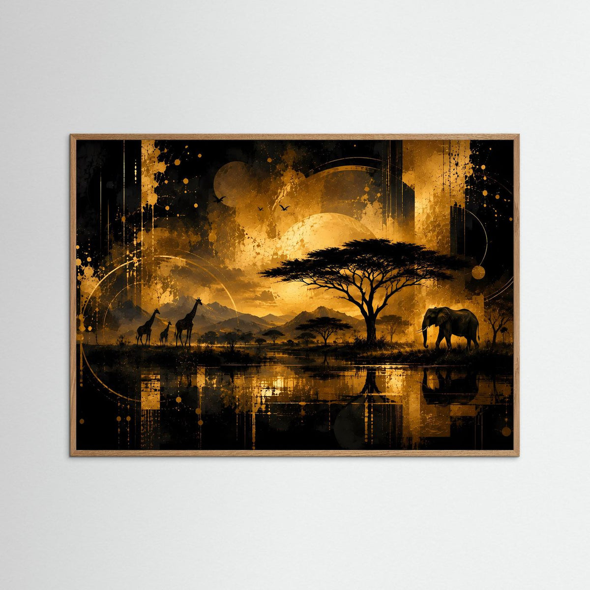 Poster im Querformat: goldene Savanne mit Elefant und Giraffen, Baum und Spiegelung, rosafarbenes Holz
