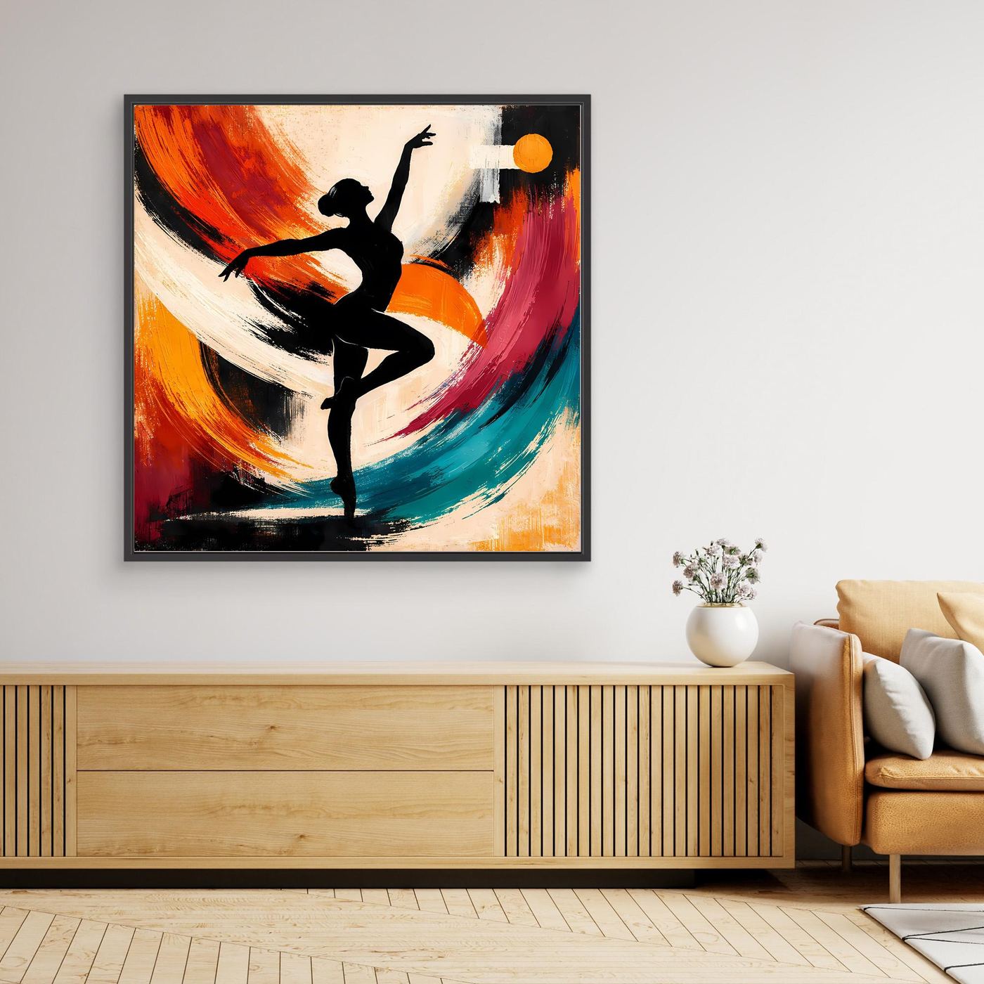 Leinwandbild mit abstrakter Ballerina-Silhouette, farbige Pinselstriche und dunklem Rahmen