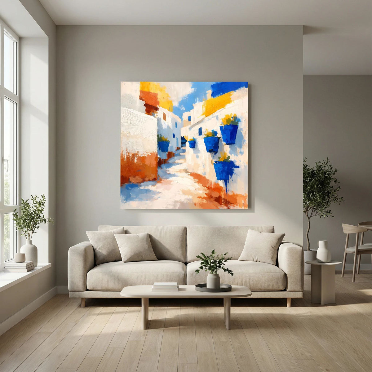 Leinwand-Wandbild mit abstrakter Gasse, blauen Töpfen und orangefarbenen Akzenten