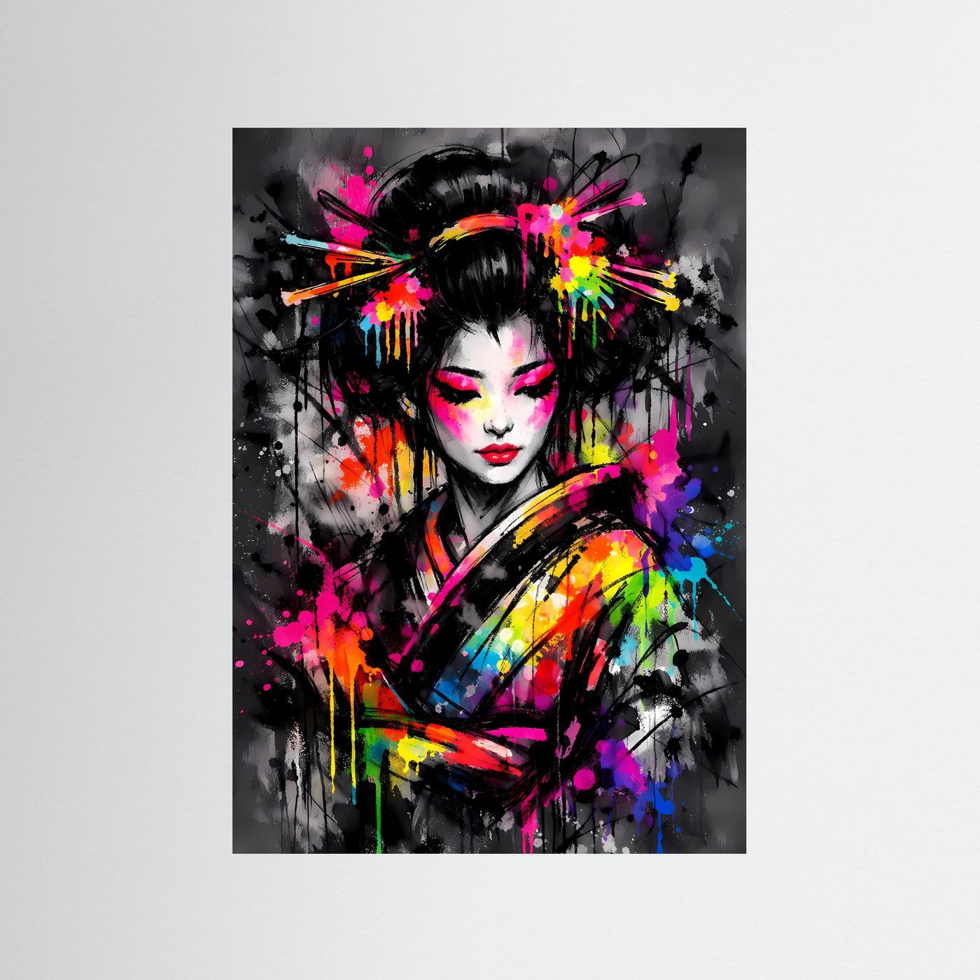 The Neon Geisha | Luxuriöses Geisha Poster Bunt & Dunkel | Abstraktes Japan Kunstposter Hochformat