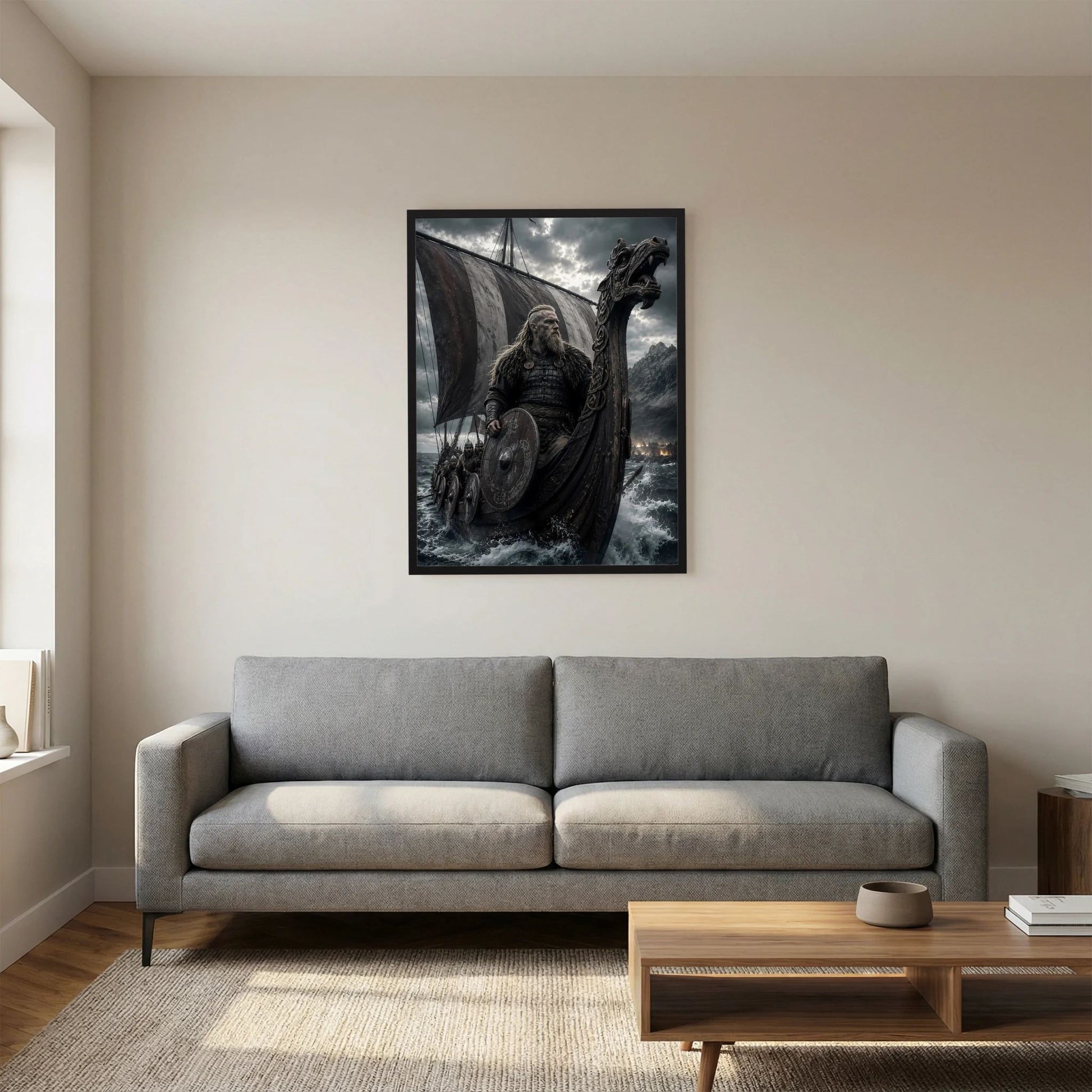 Hochformat-Poster mit Wikingerkrieger auf Drachenschiff, schwarz gerahmt