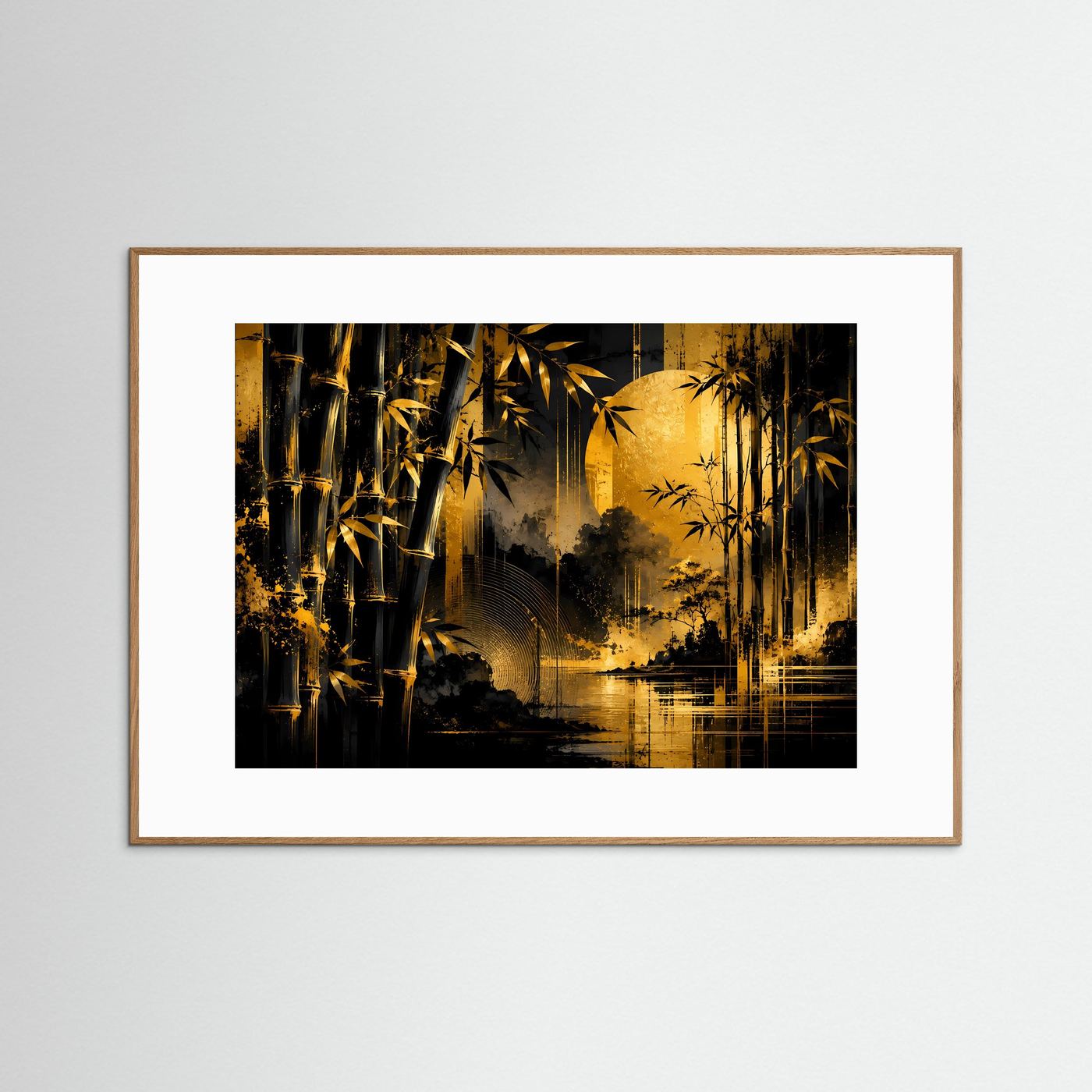 Goldener Bambuswald bei Mondlicht | Elegante asiatische Naturkunst in Schwarz & Gold mit Wasserreflexion | Luxuriöse abstrakte Wandkunst