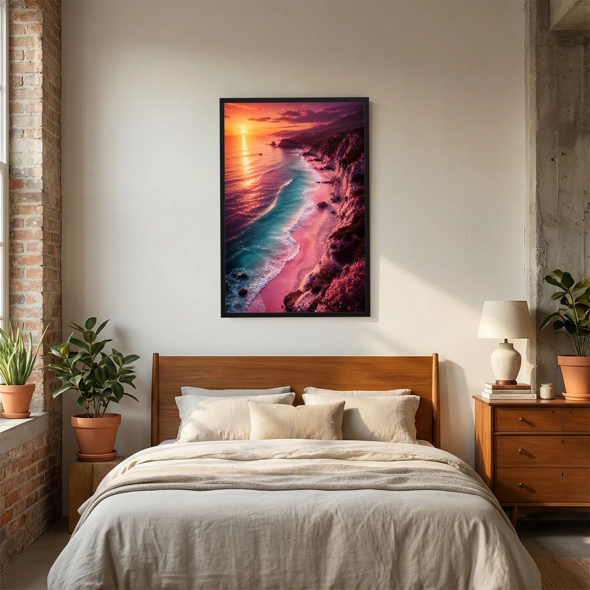 Hochformat-Poster Sonnenuntergangsküste mit türkisfarbenem Meer, schwarzer Rahmen