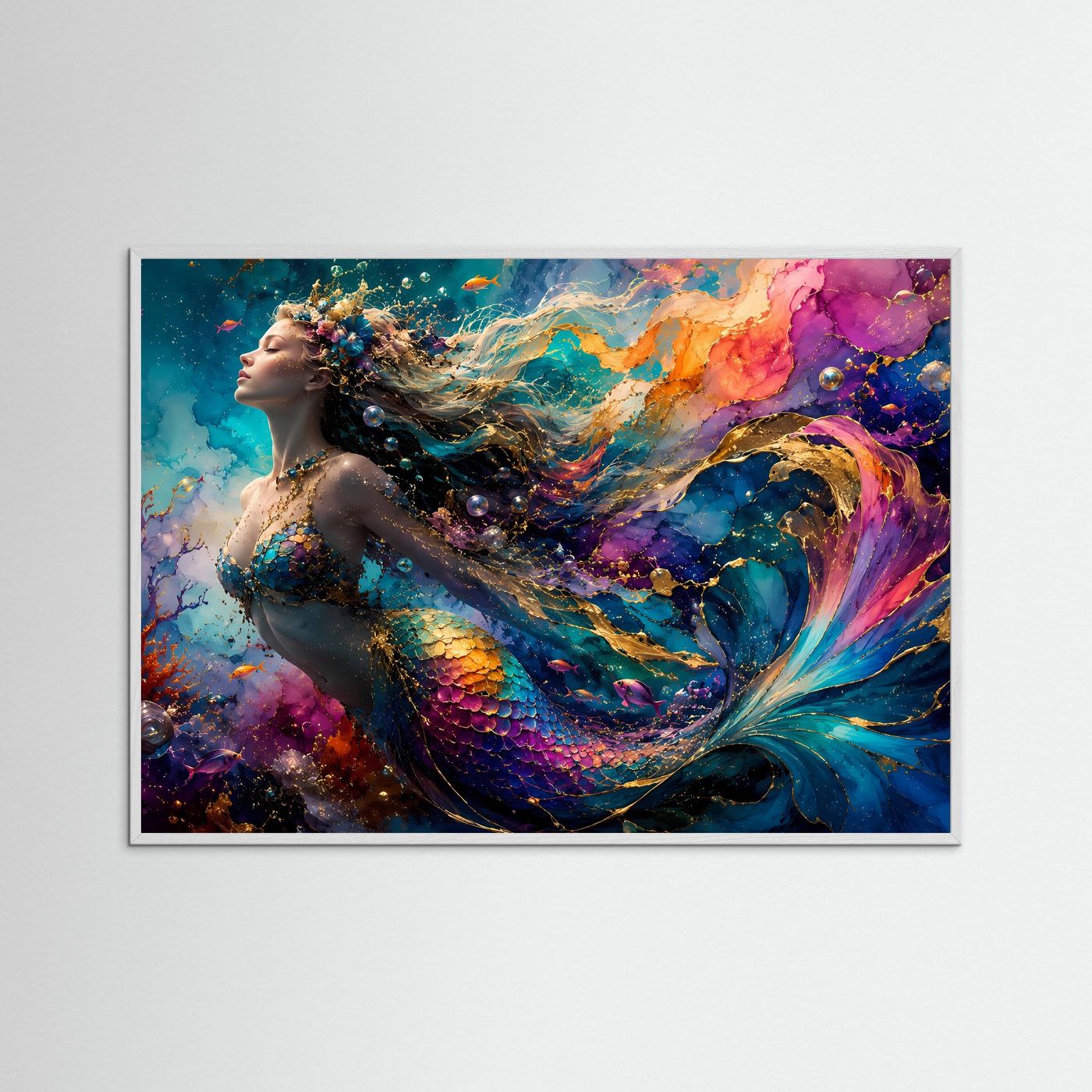 Meerjungfrau Poster | Farbenfrohe Unterwasser Fantasy Kunst | Mystische Sirene Wandbild | Ozean Leinwand | Luxuriöse Mermaid Wall Art