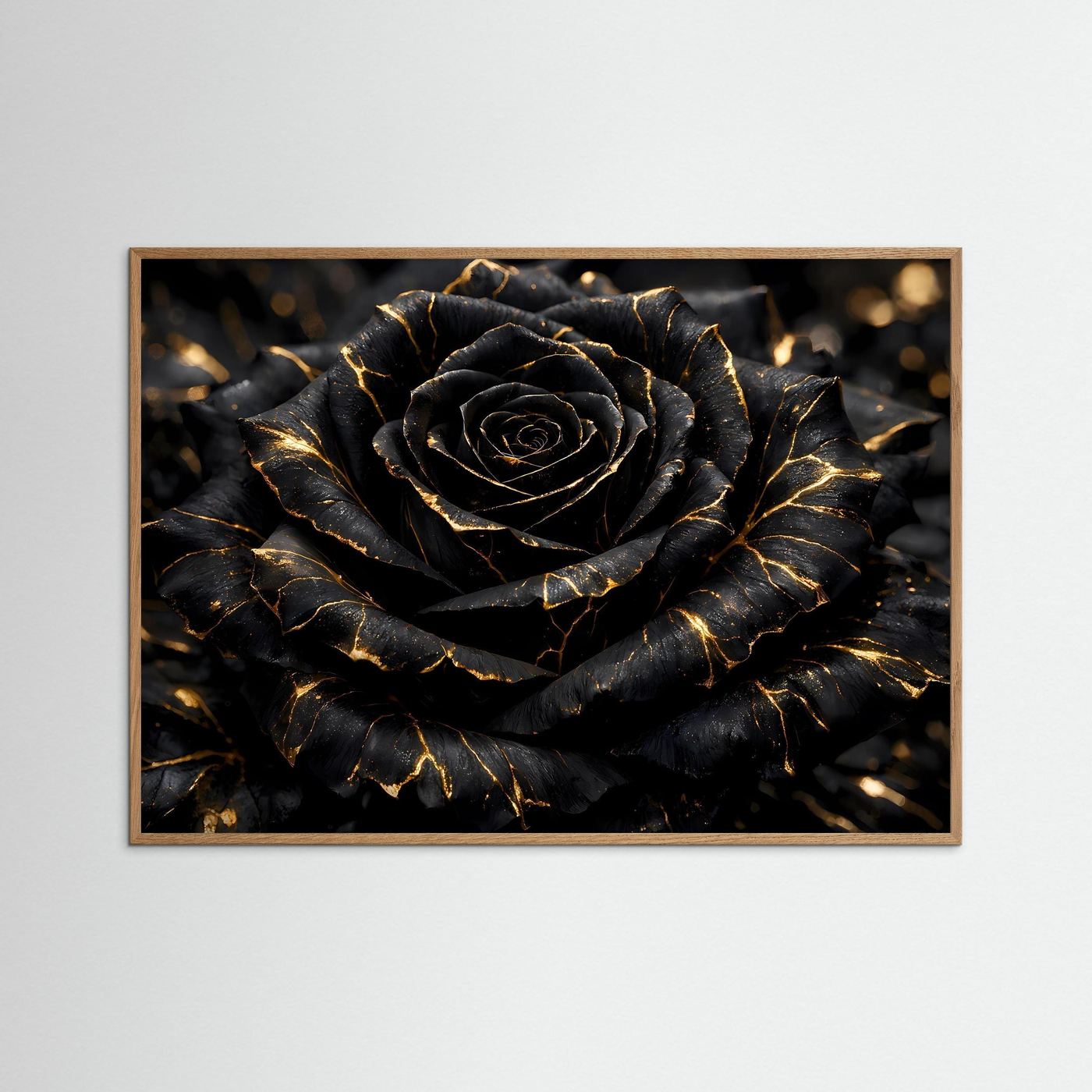 Wandbild mit schwarzer Rose und goldenen Adern, heller Holzrahmenumrandung