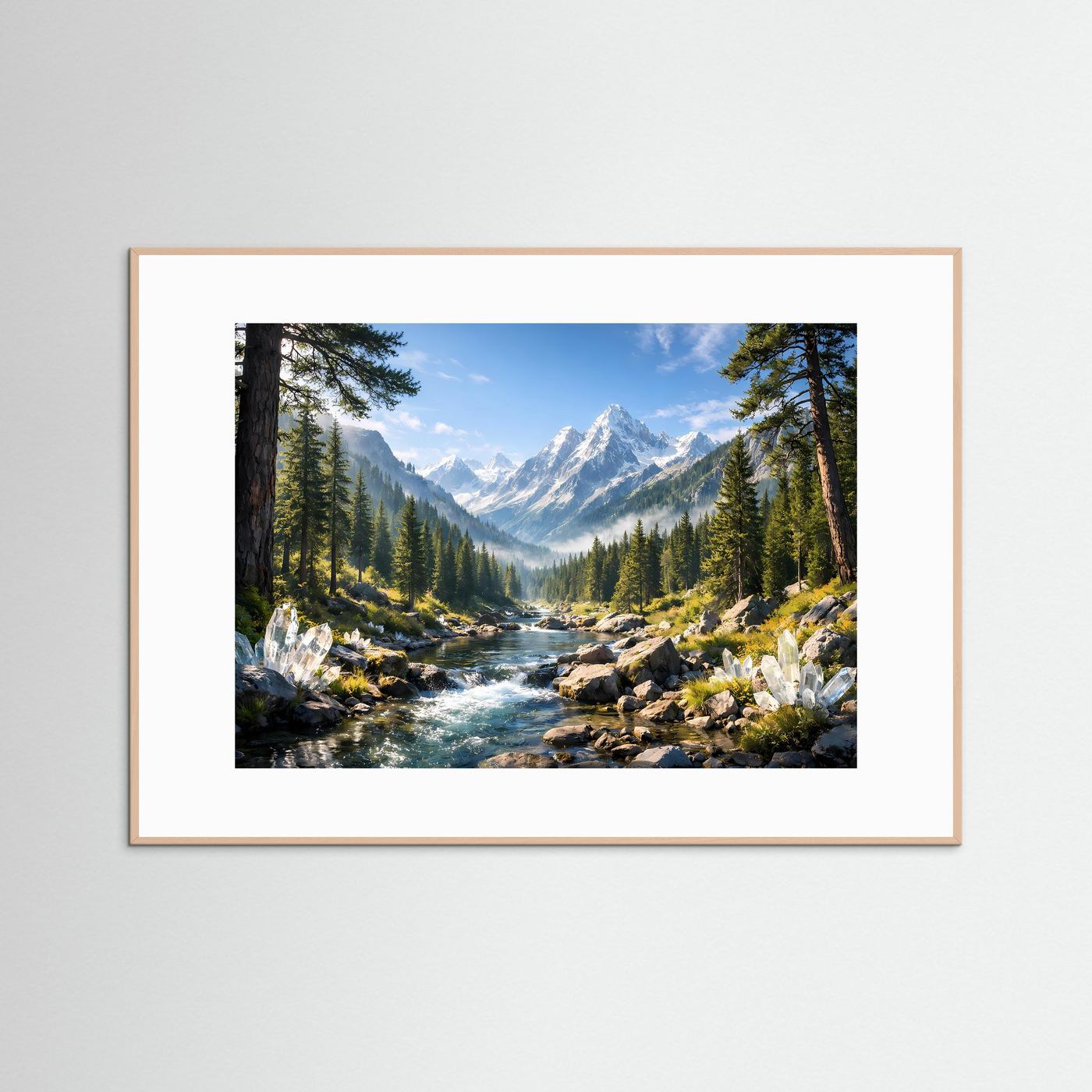 Poster mit Bergfluss-Landschaft, Bergen und Tannen, Kristallelementen; heller Holzrahmen