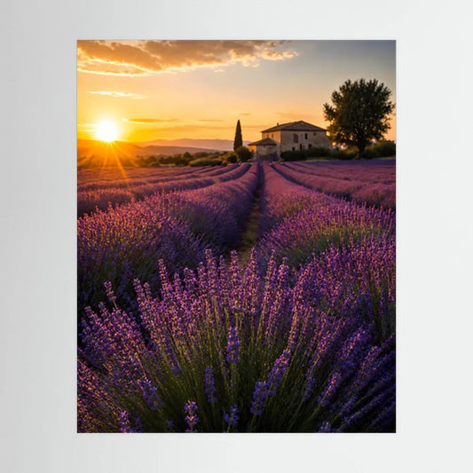 Kunstposter im Hochformat: Lavendelfeld im Sonnenuntergang, violett und goldfarben