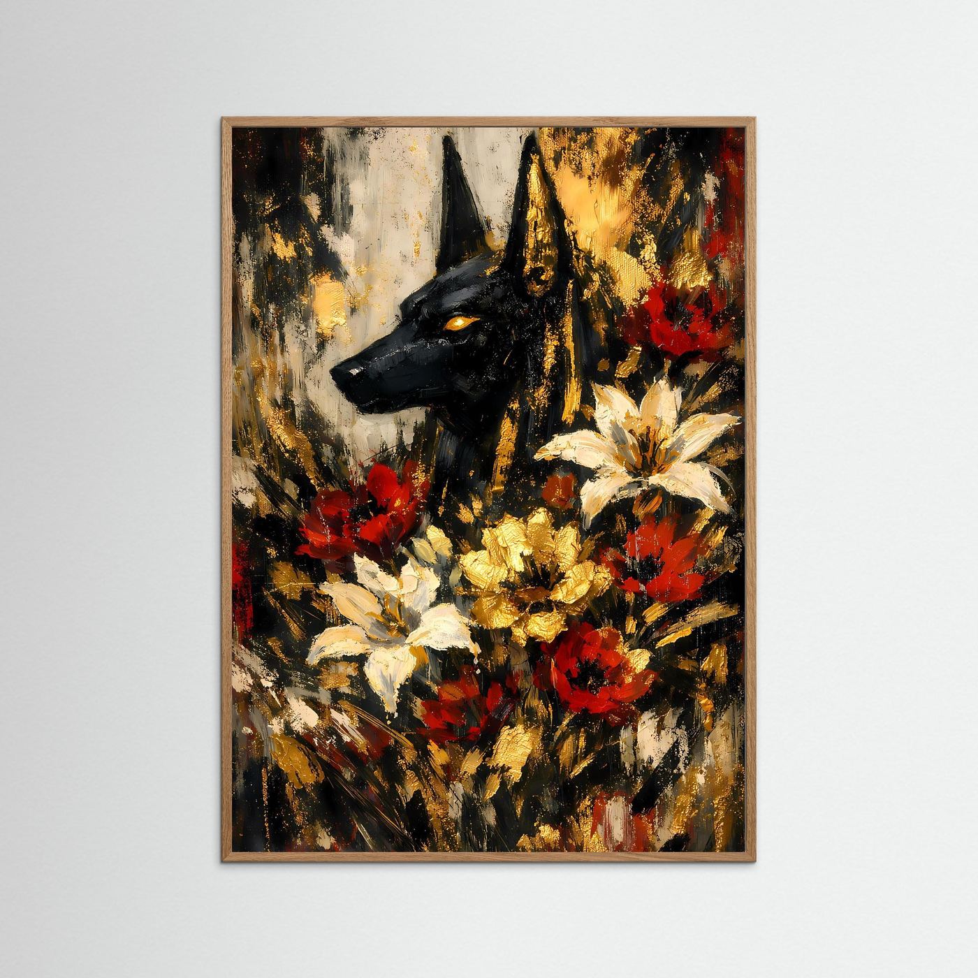 Hochformatiges Poster mit abstraktem Hund und Blumen in Rot, Gelb und Gold, im Holzrahmen