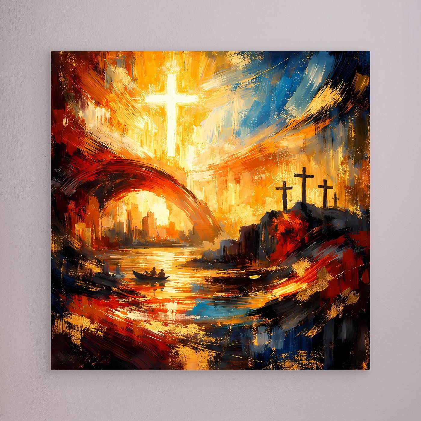 Leinwandbild: abstrakte spirituelle Szene mit goldenem Kreuz und schwarzen Kreuzen
