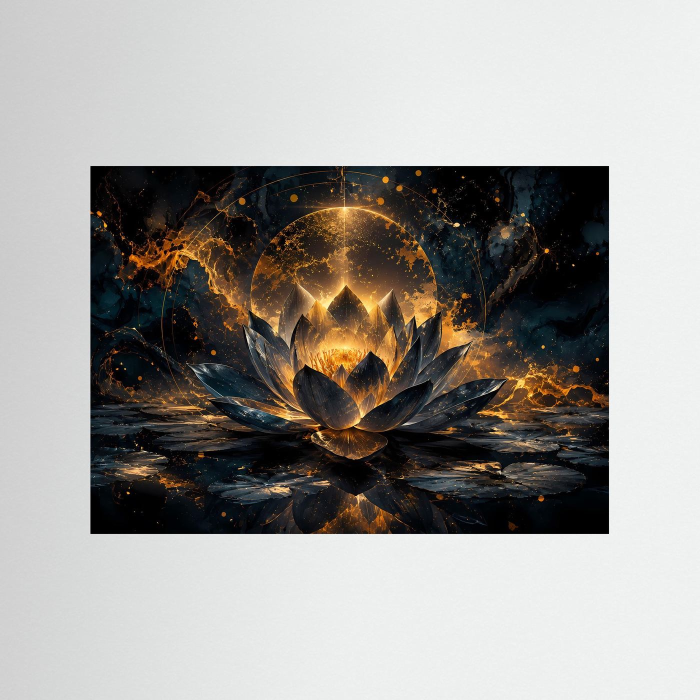 Goldener Lotus im Dunkeln Poster | Mystische Lotusblüte Schwarz Gold Elegantes Zen Wandbild Querformat